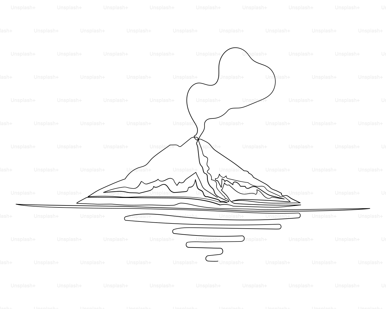 Volcano erupting with smoke over water reflection