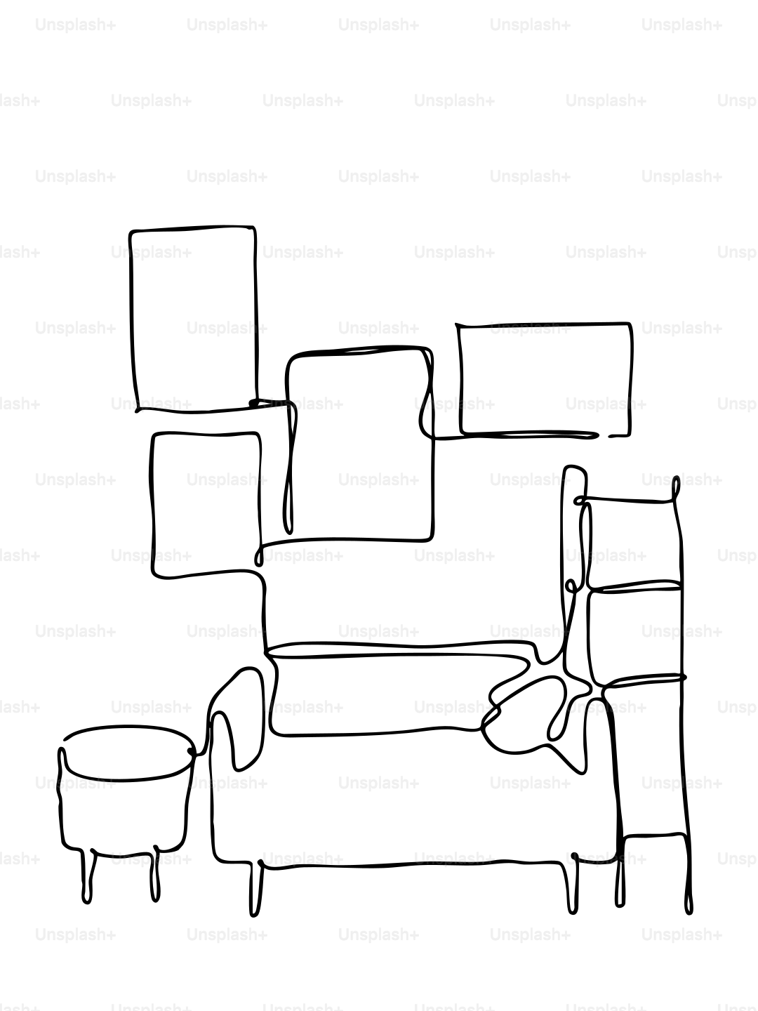 Minimalist line drawing of sofa and shelves