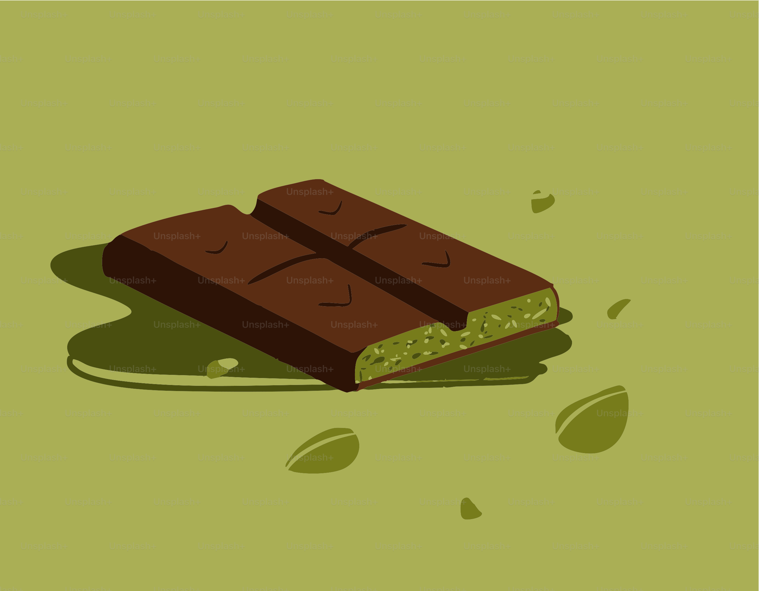 Chocolate bar with green filling on green background