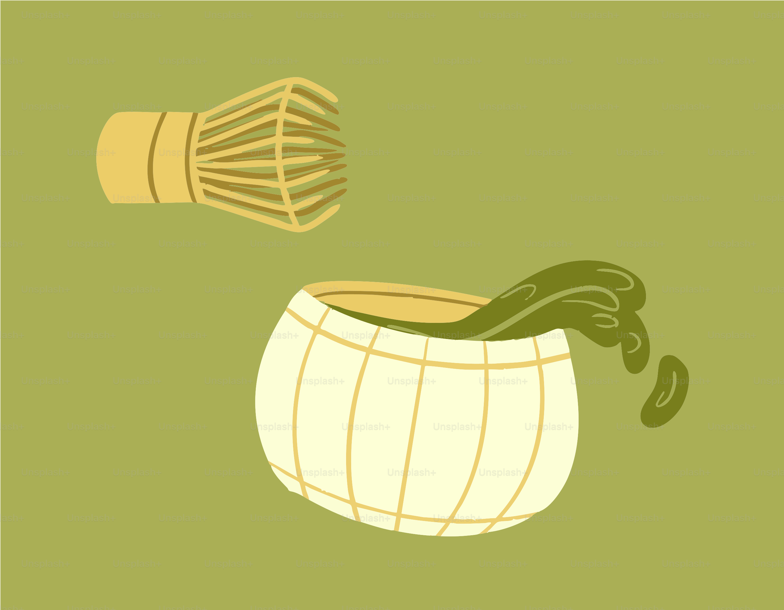 Matcha whisk and bowl with splashing green tea