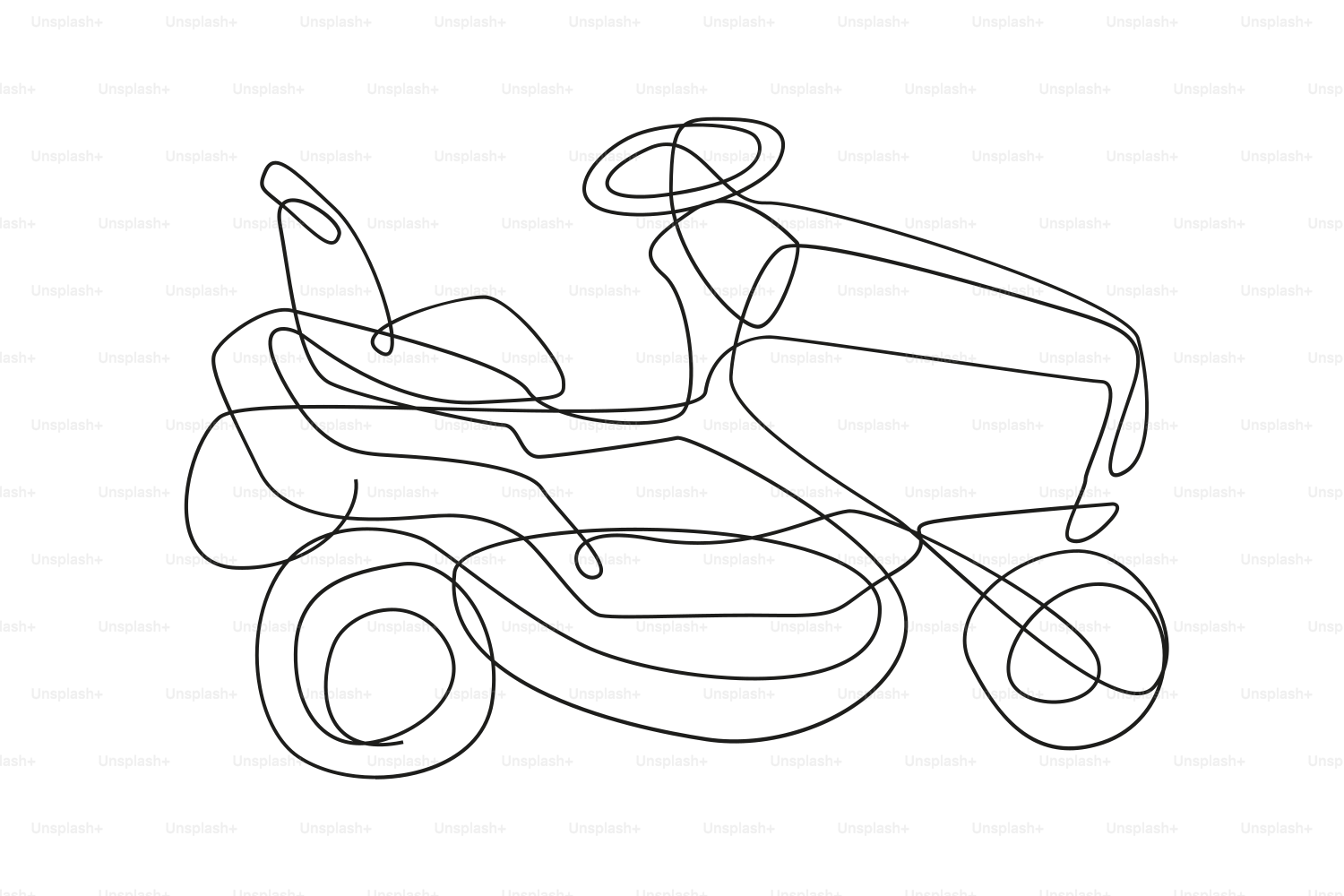 A single line drawing of a riding lawn mower