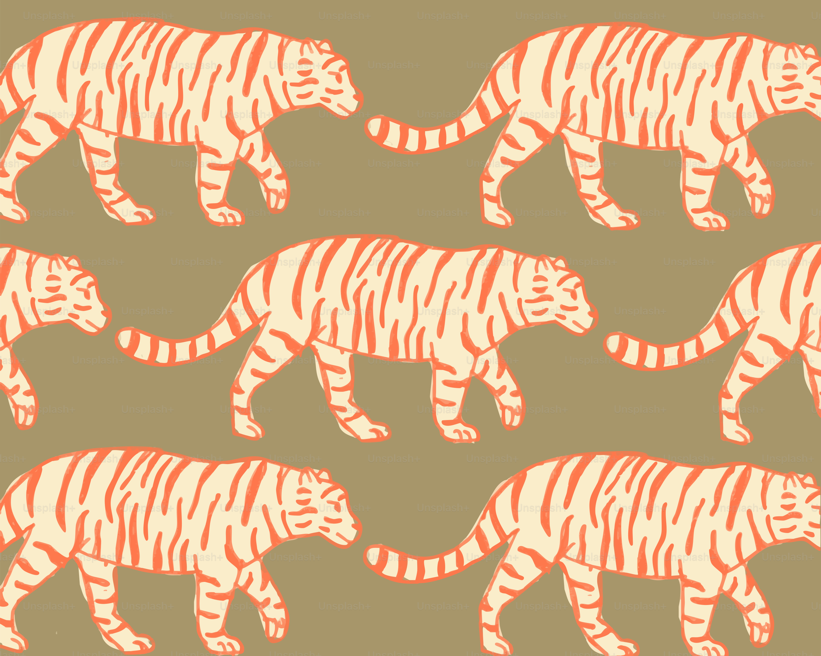 Pattern of walking tigers on a muted background.