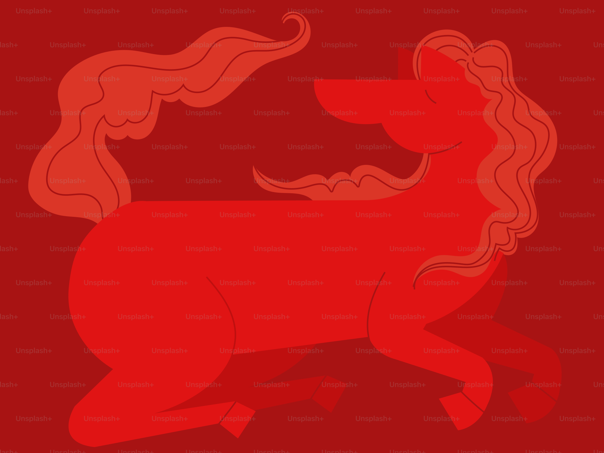 A stylized red horse with flowing mane and tail