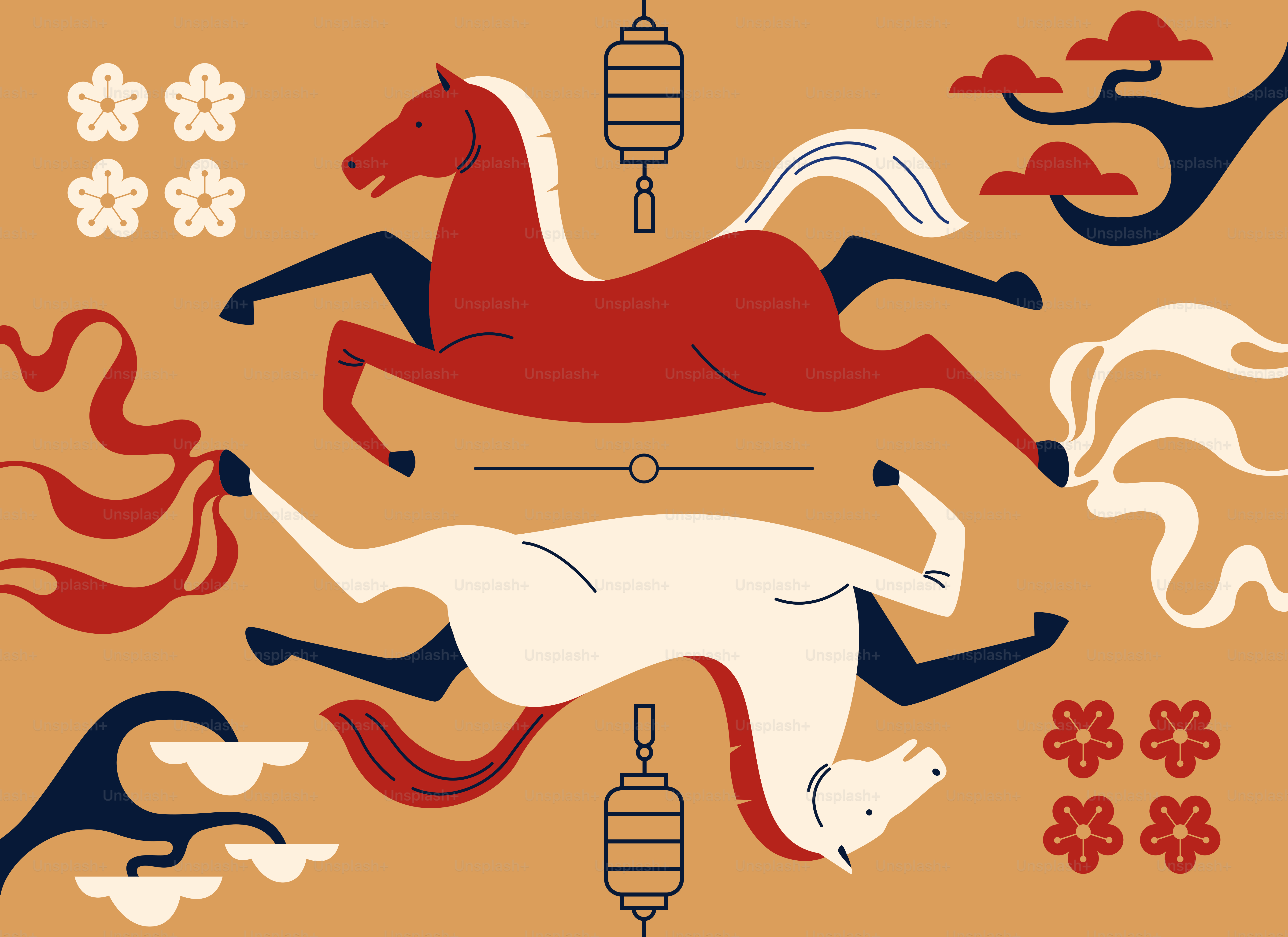 Two horses, red and white, with decorative elements.