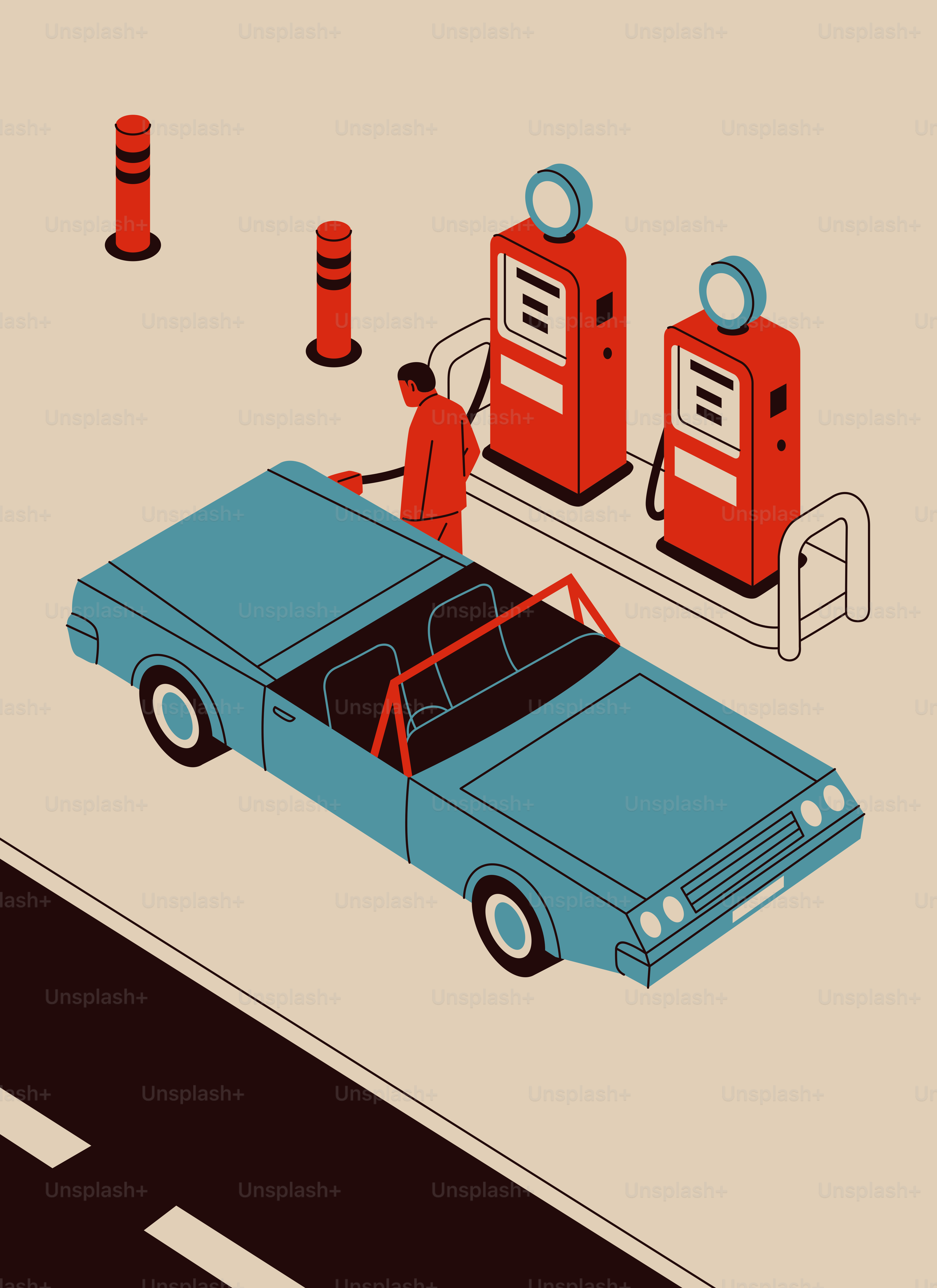 Man refueling blue convertible at gas station