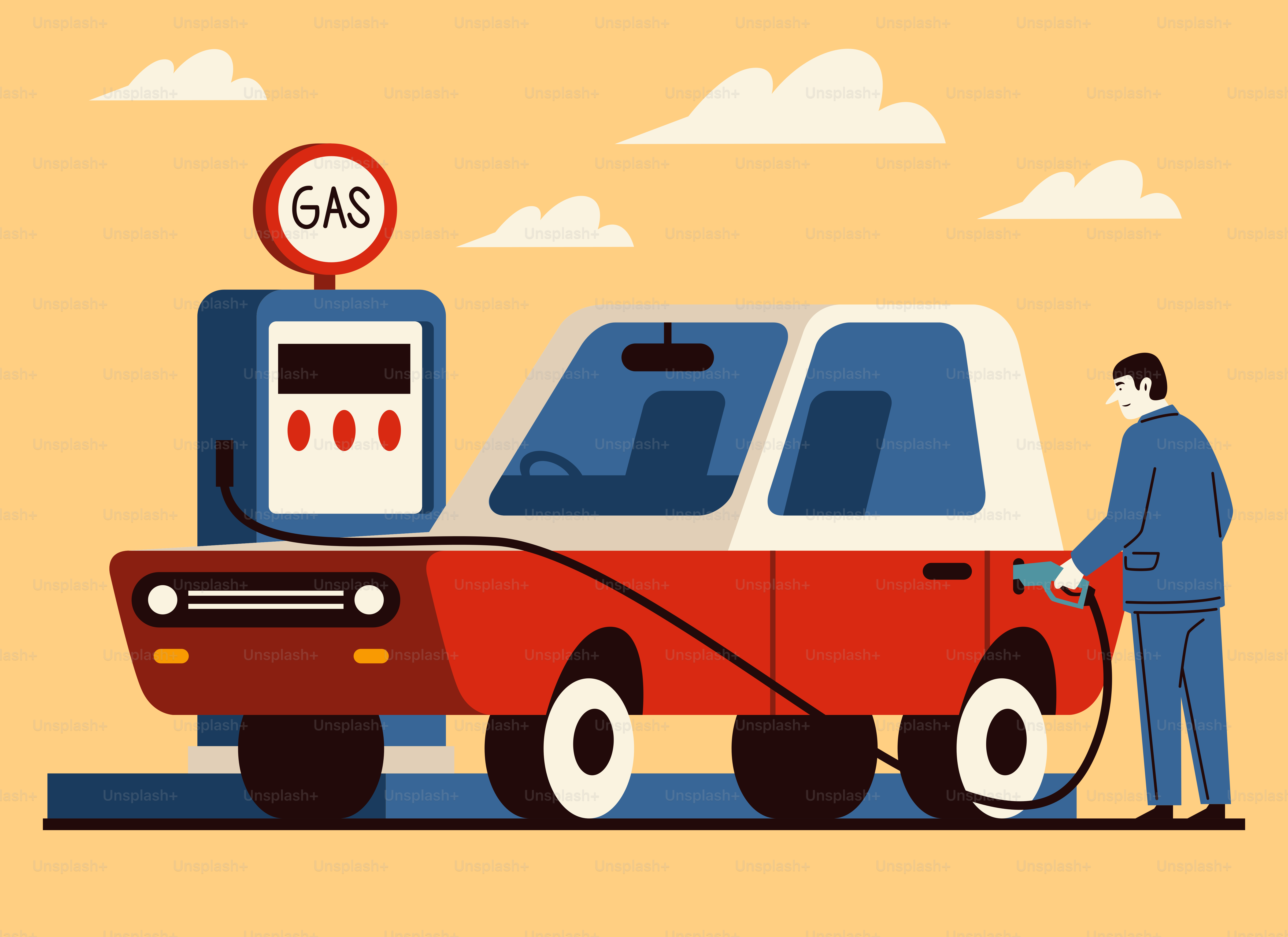 Man fueling a red car at a gas station.