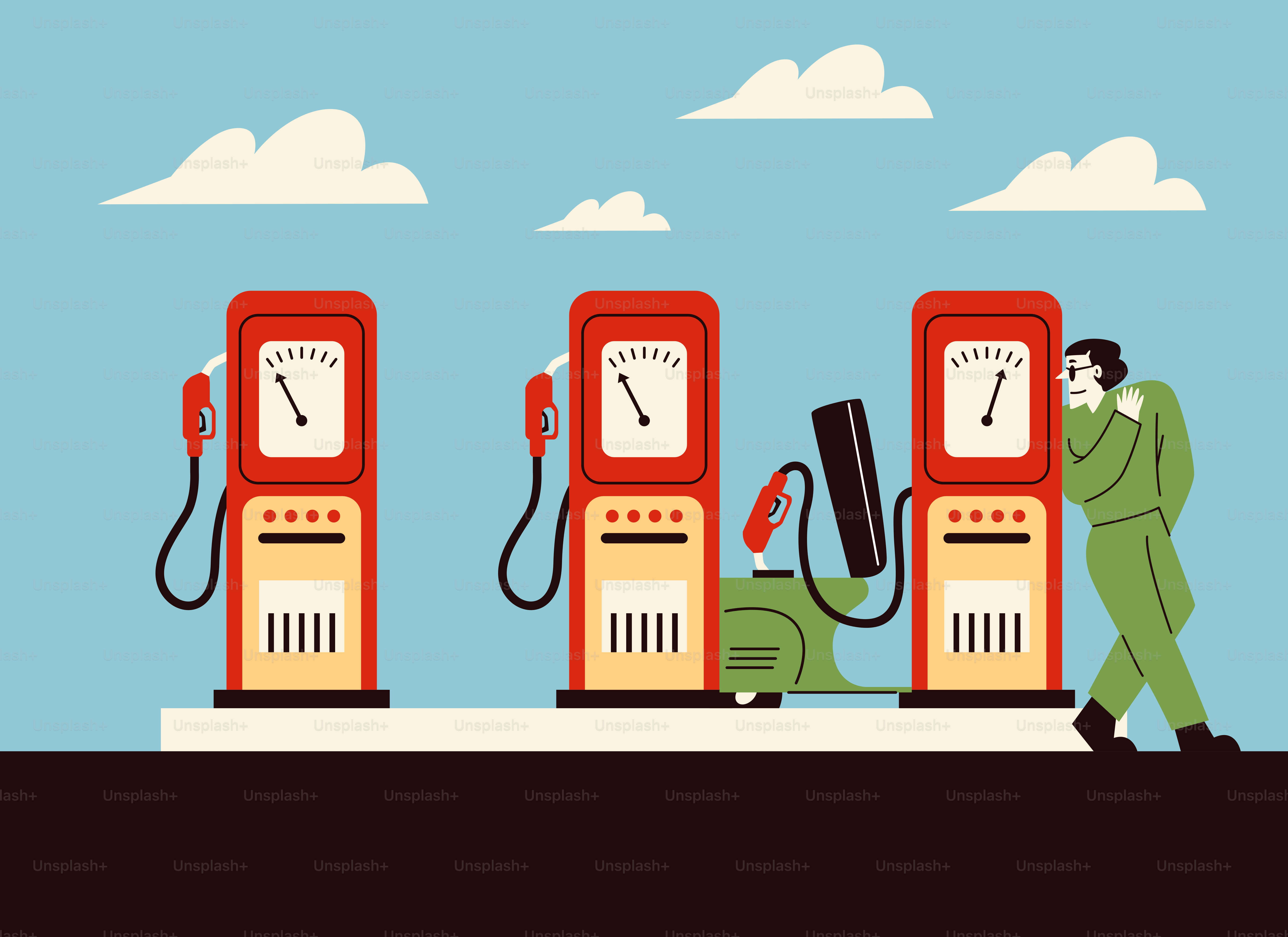 Man leaning on gas pump with scooter behind.