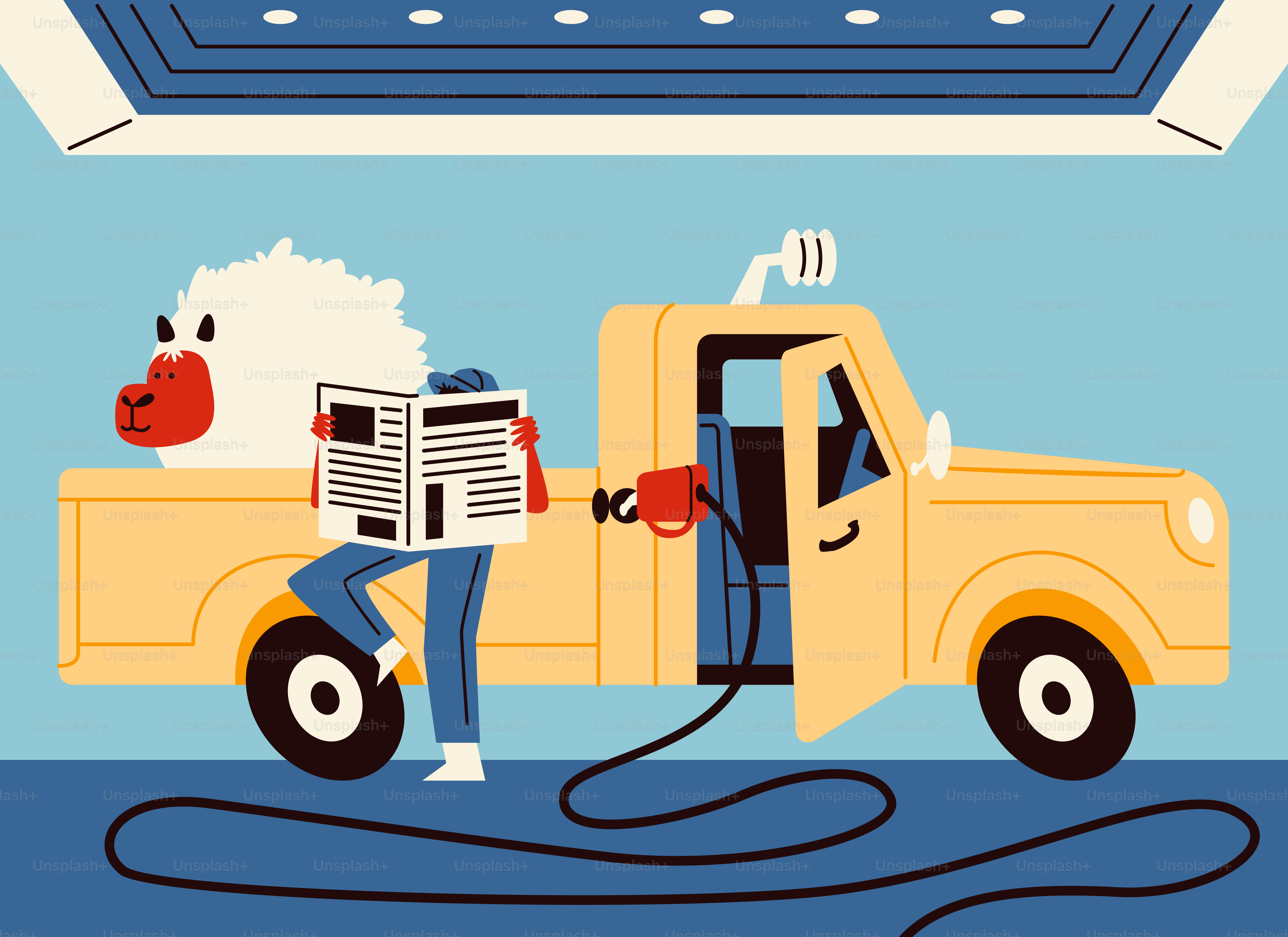 Person fueling a truck with a fluffy creature inside.