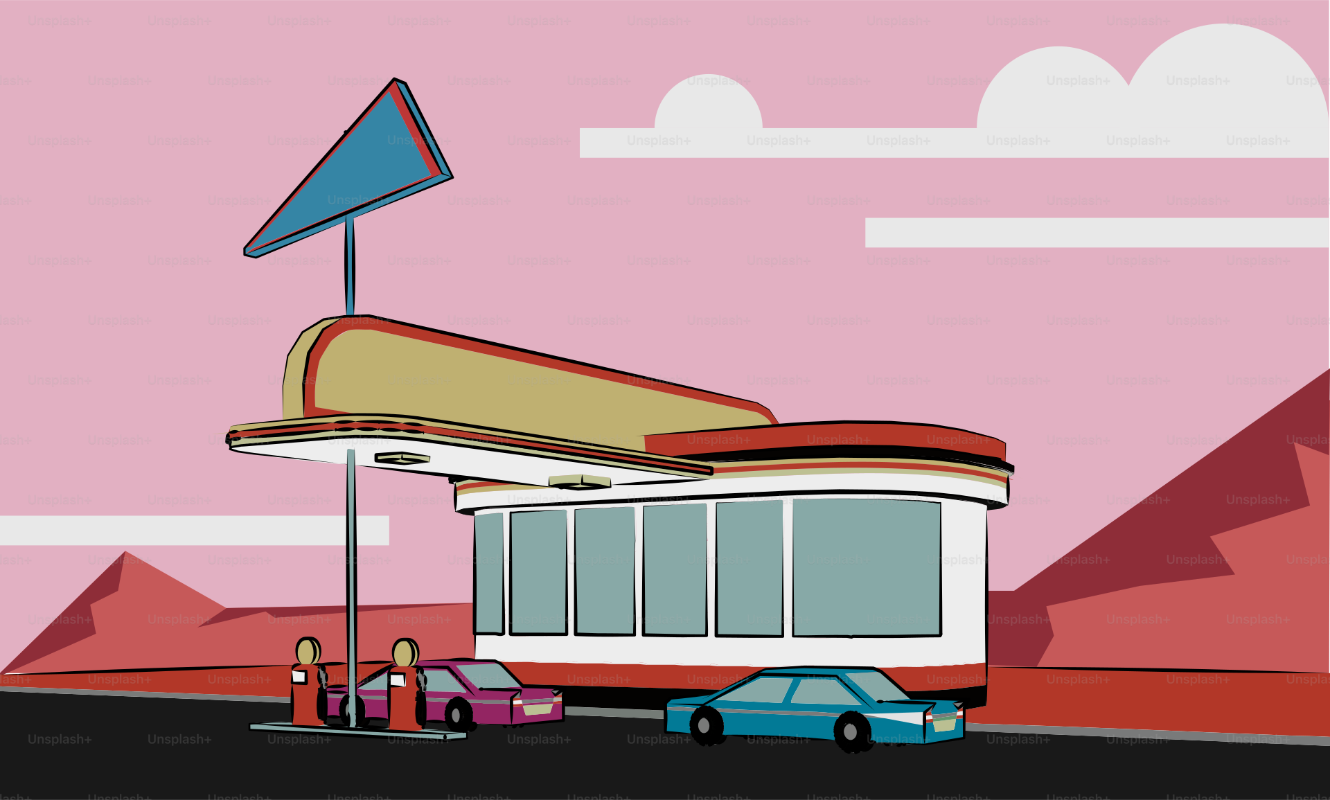 Retro diner with cars on pink sky background