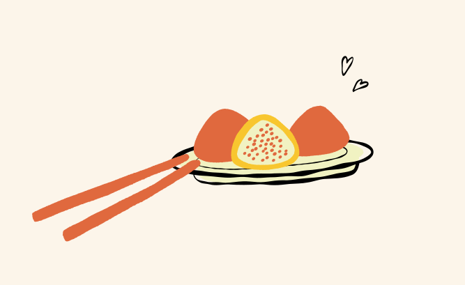 餅三つと果物一切れを皿に盛り