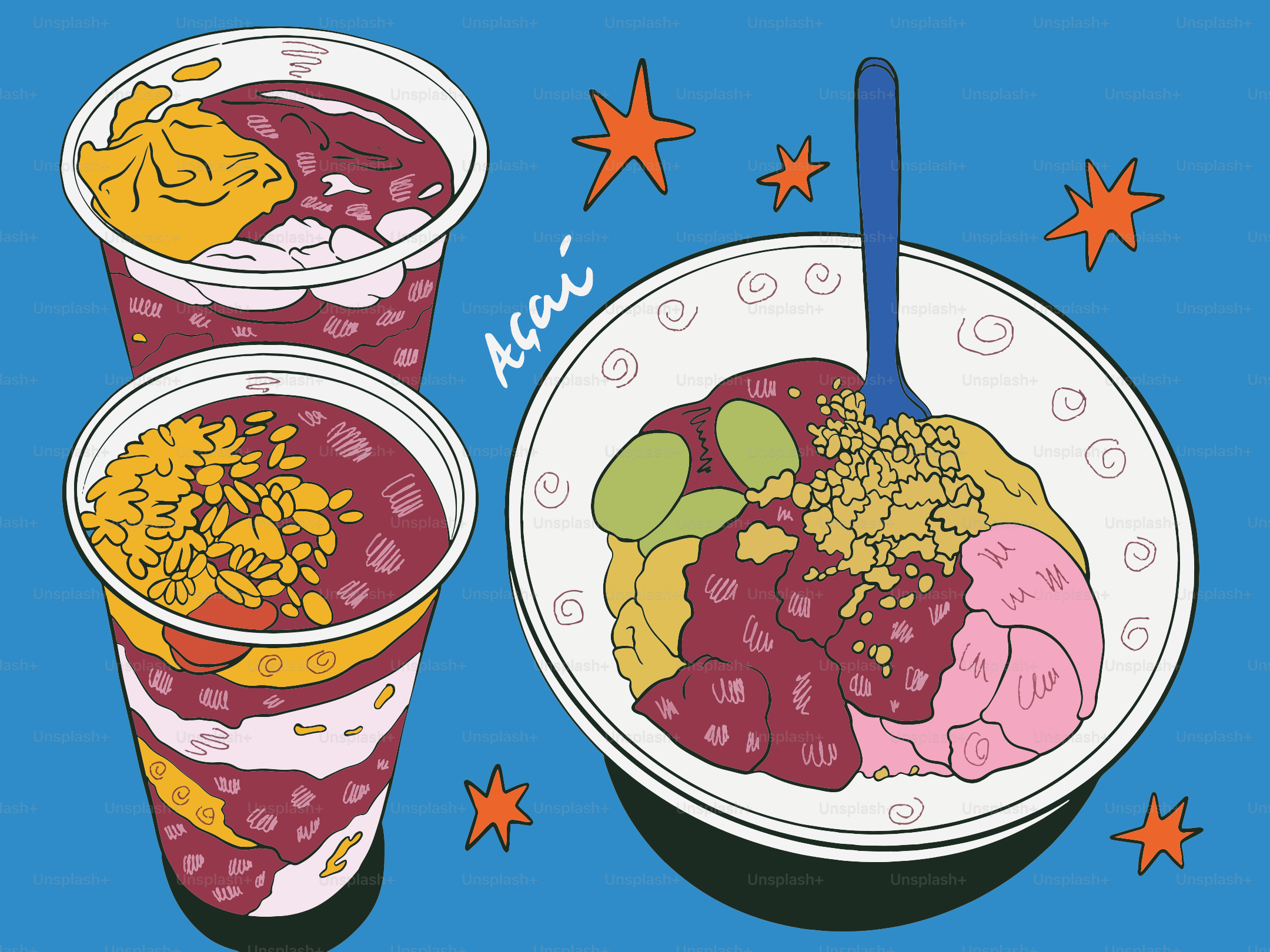 Three bowls of acai with fruit and granola.