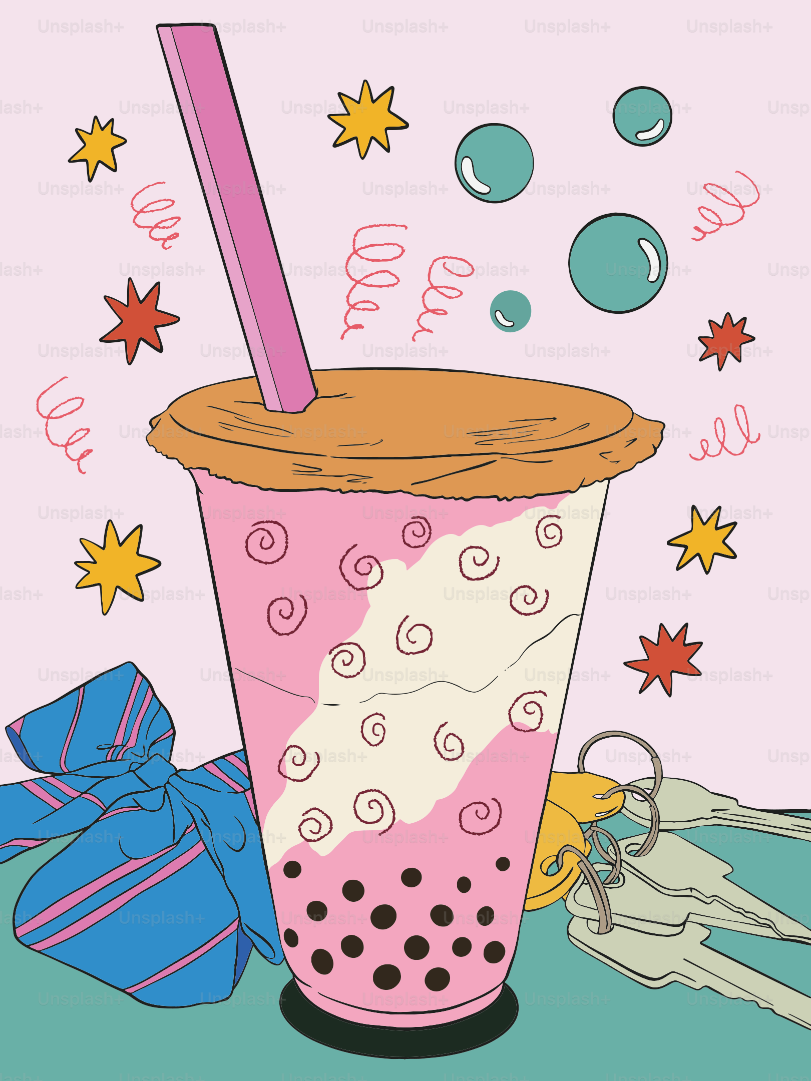 Pink bubble tea with stars and keys