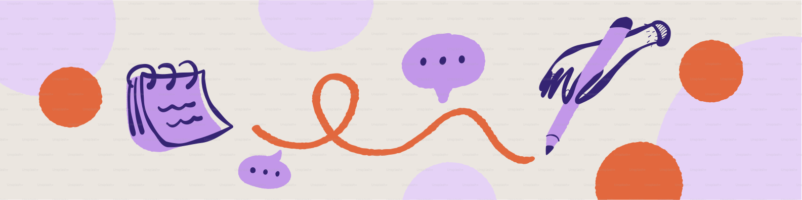 Doodle art with calendar, speech bubbles, and pen.