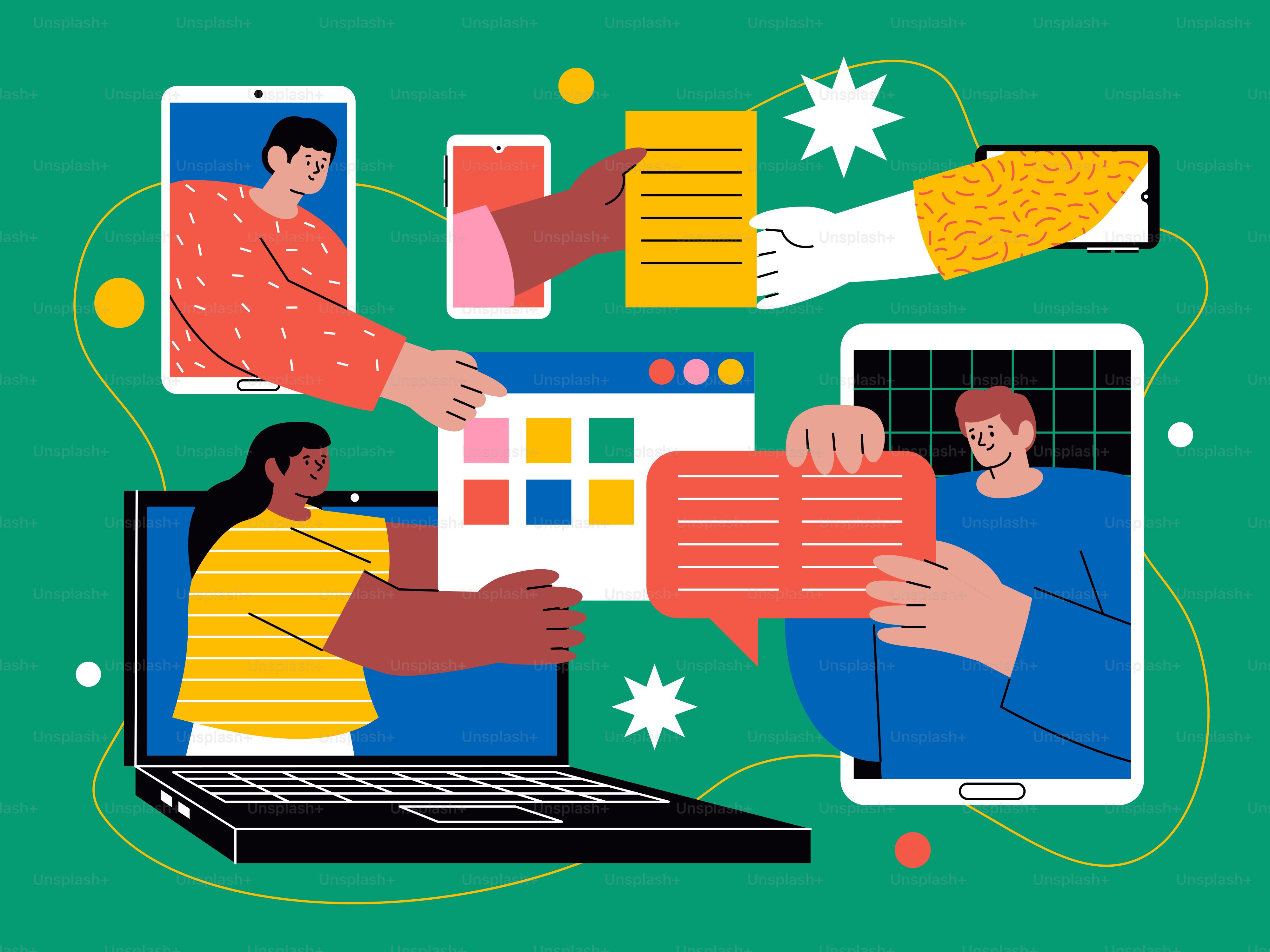 People connecting and sharing information digitally across devices ...