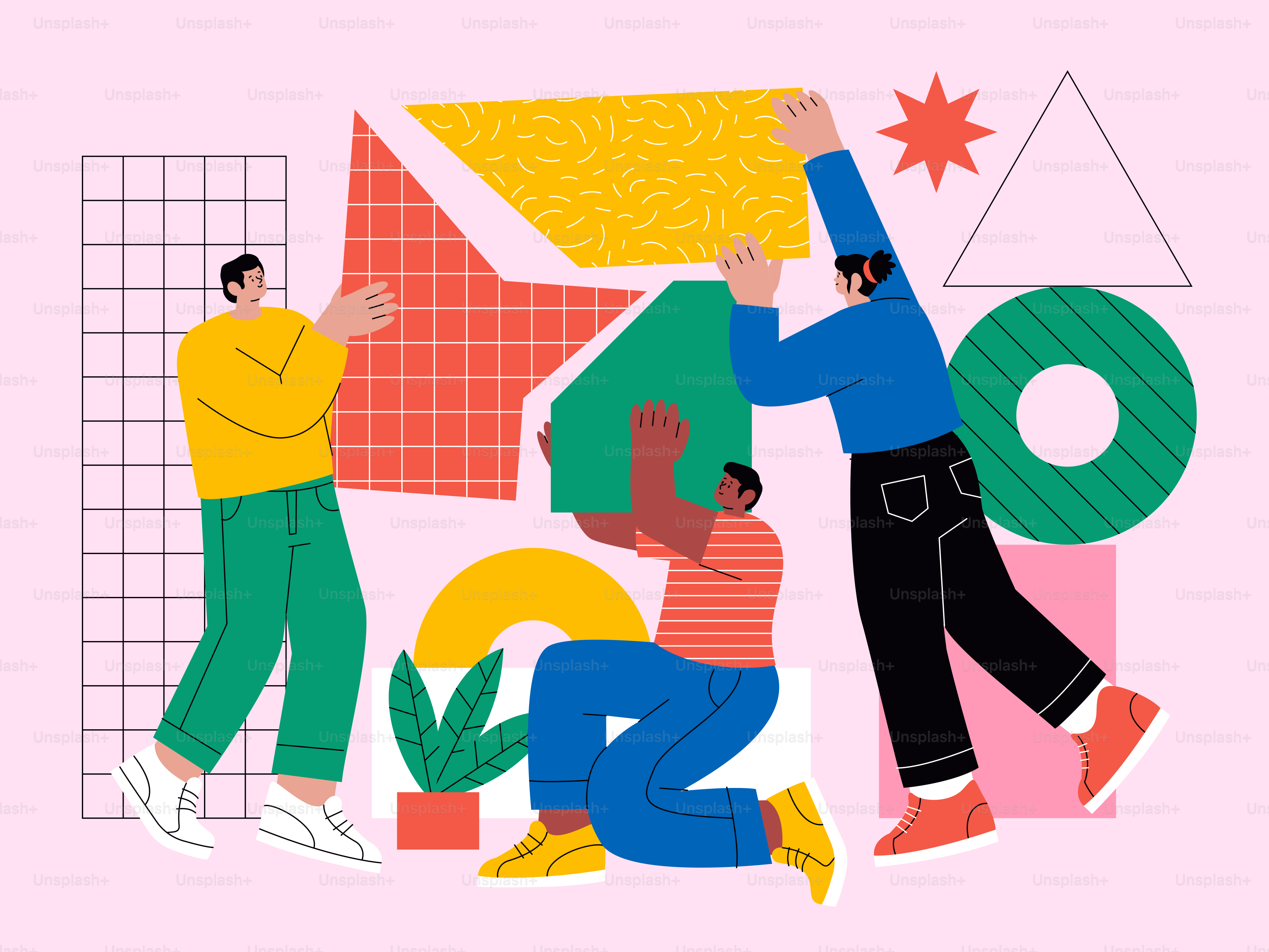 People assembling geometric shapes and patterns vector – Illustration ...