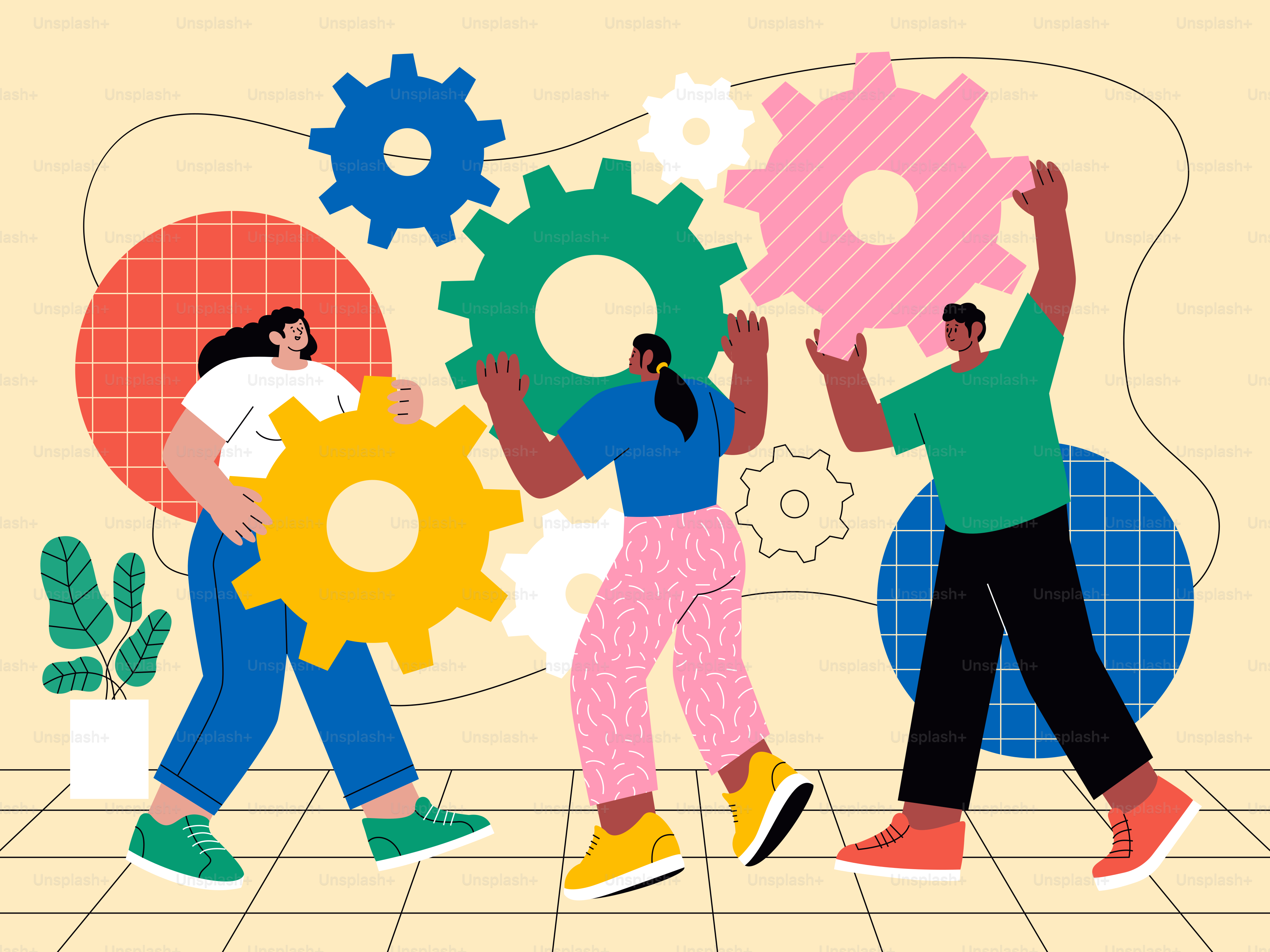 People working together with colorful gears