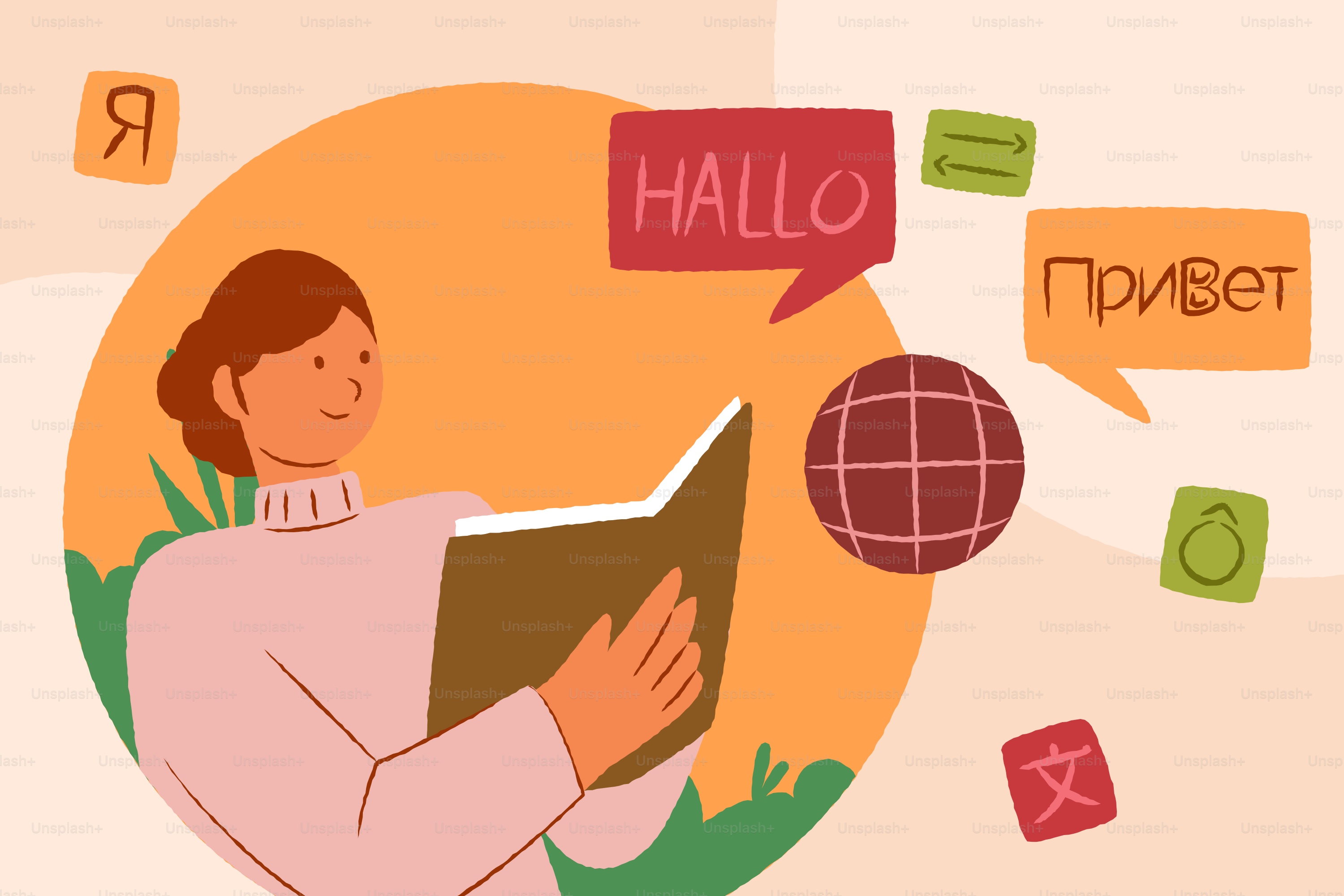 Femme lisant un livre avec des symboles de langue étrangère.