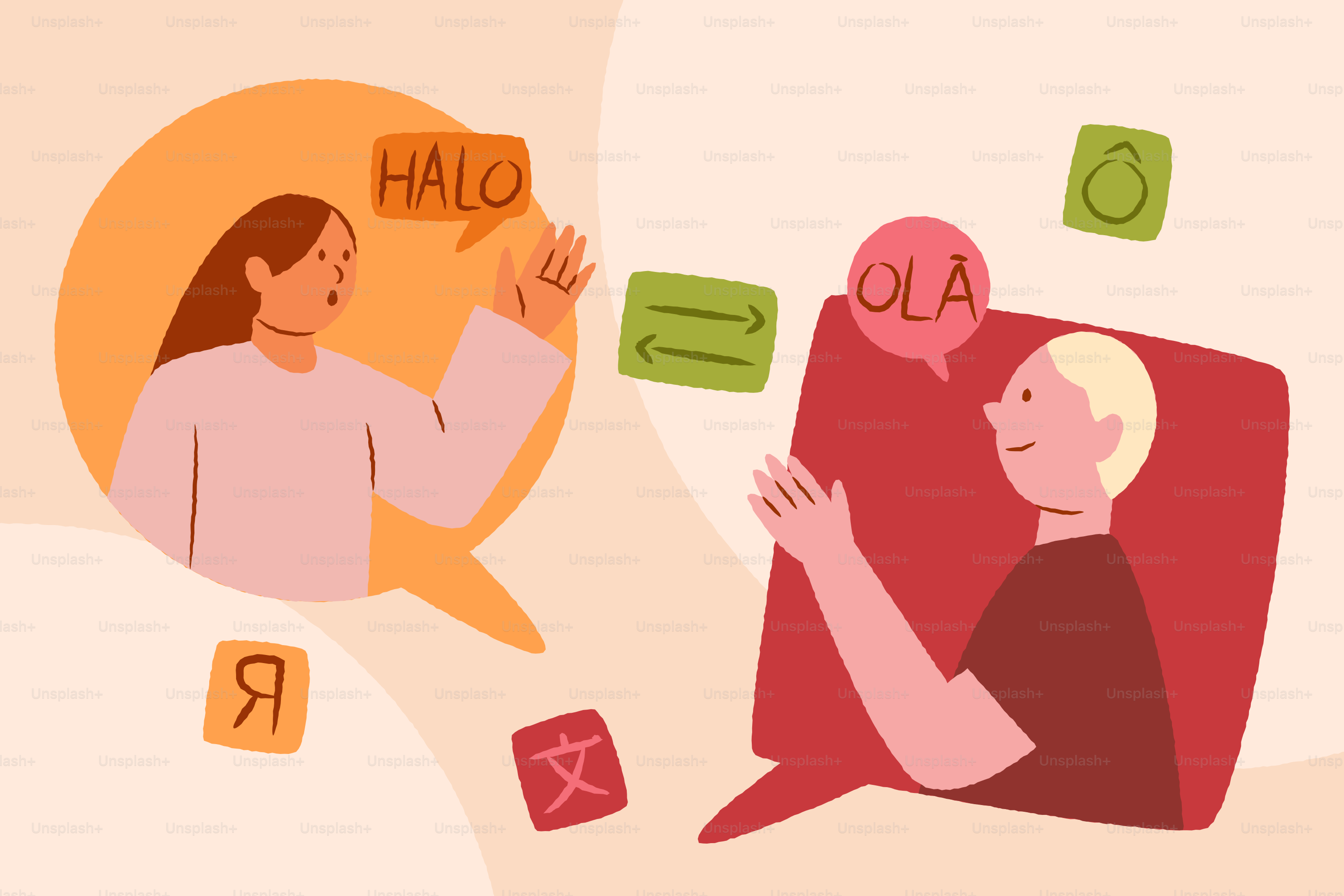 Two people communicating across languages with speech bubbles.