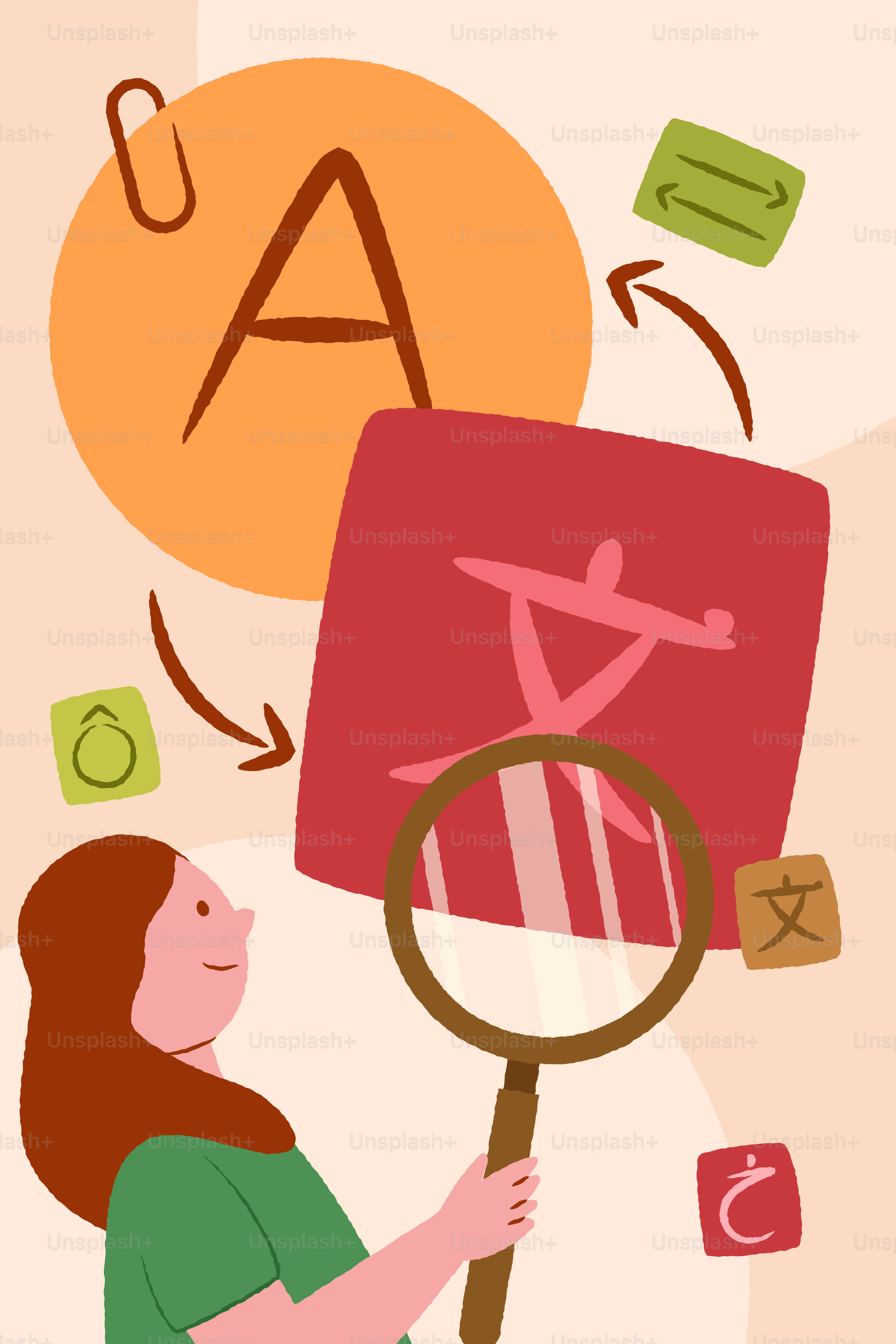 Woman examines chinese characters with magnifying glass.