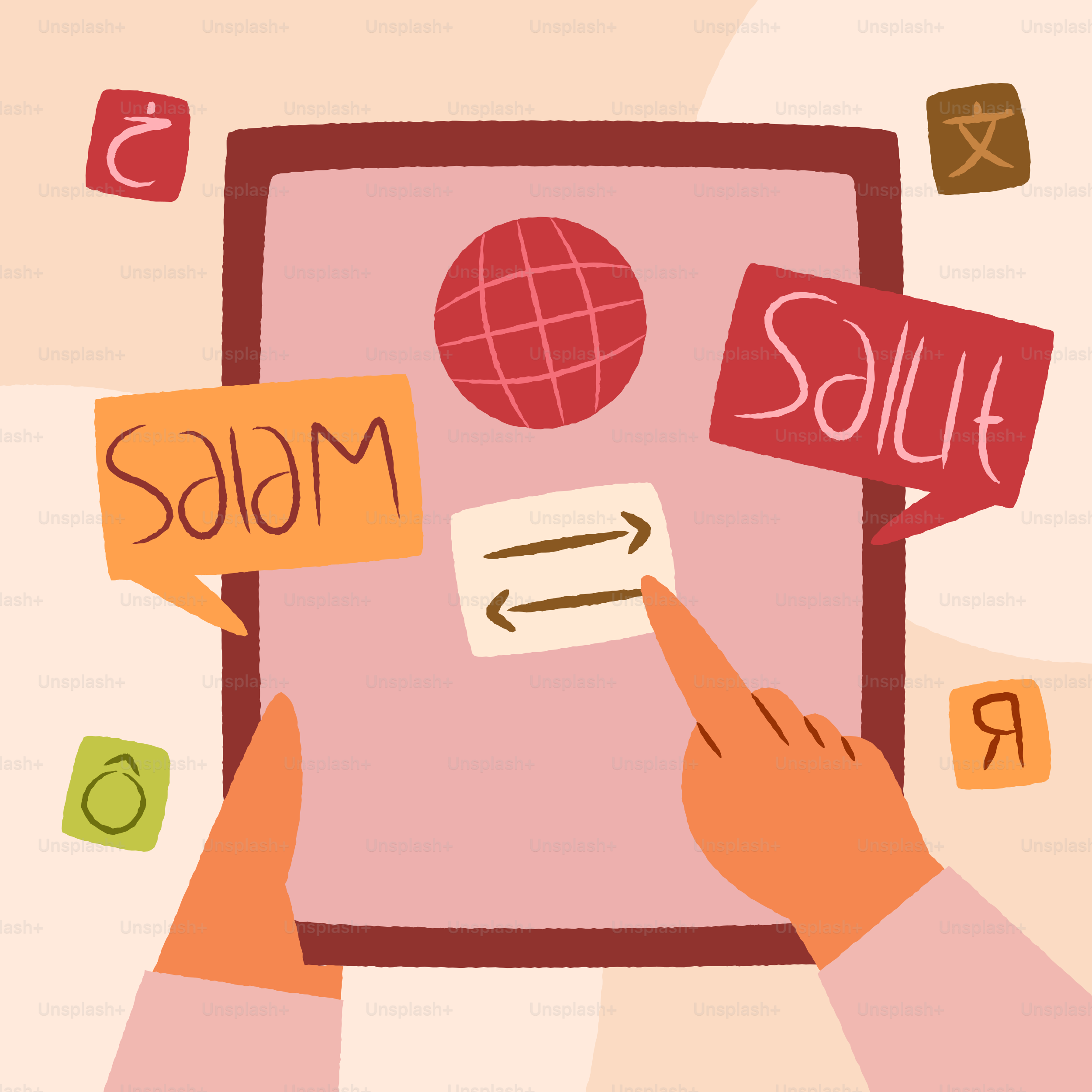 Hands interacting with a tablet displaying language learning elements.