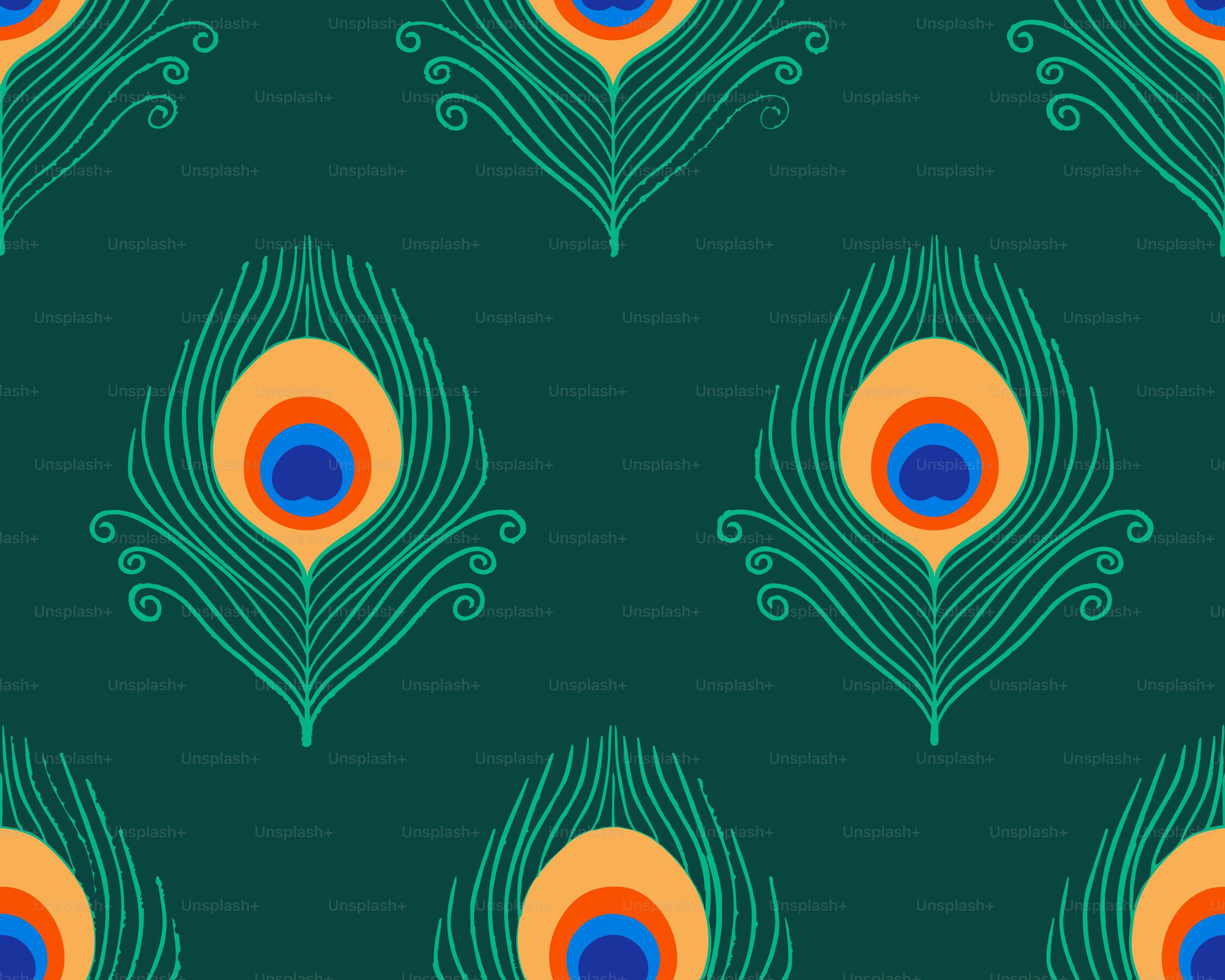 Peacock feathers pattern on a dark green background