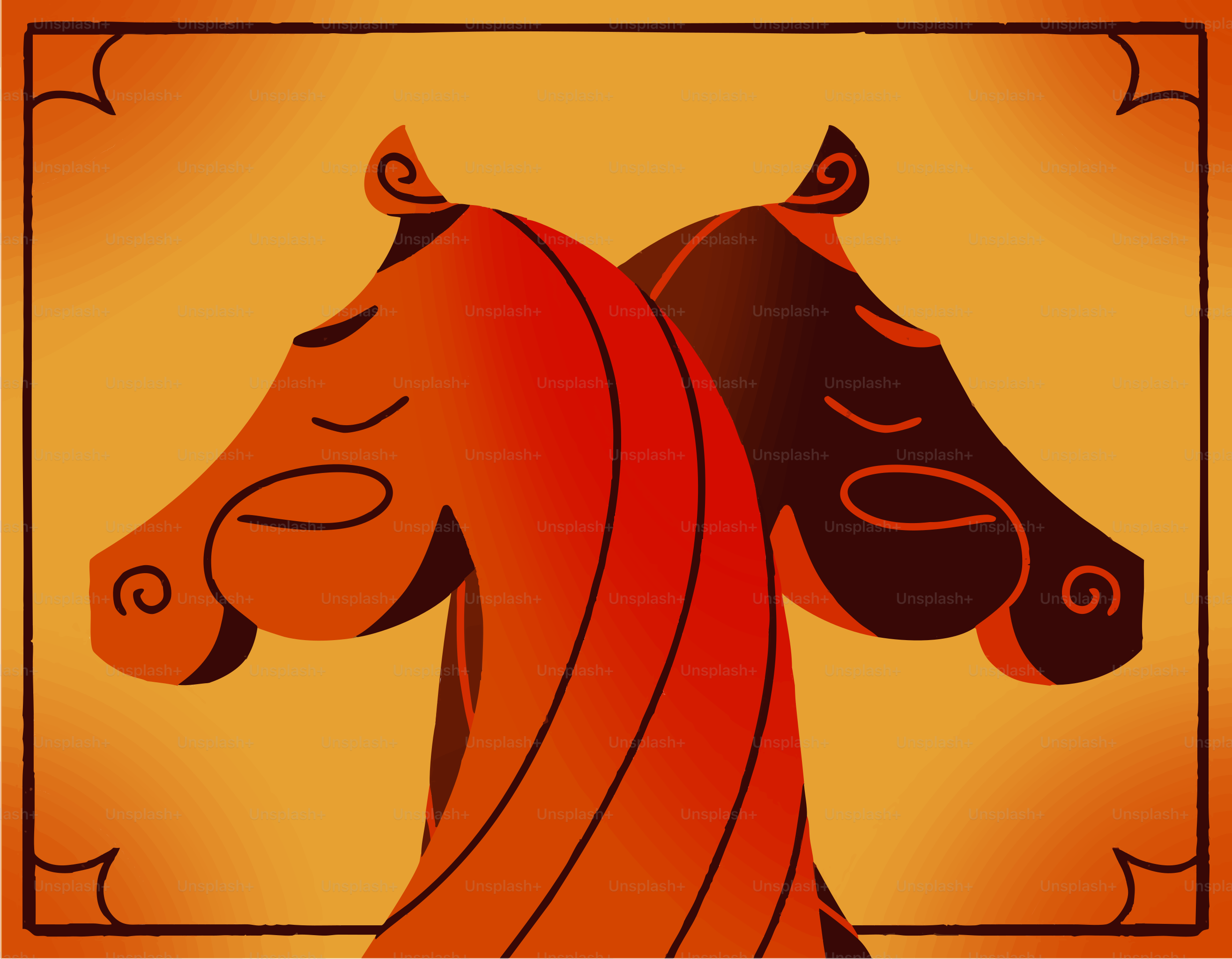 Two stylized horses facing away from each other