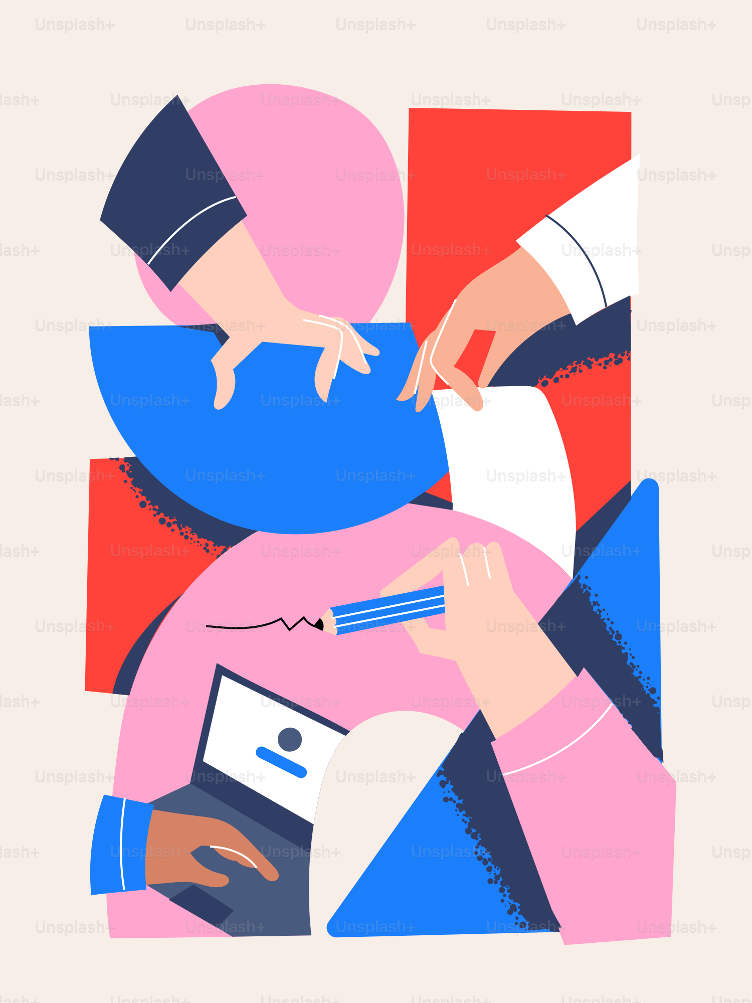 Hands collaborating on a digital project with abstract shapes.