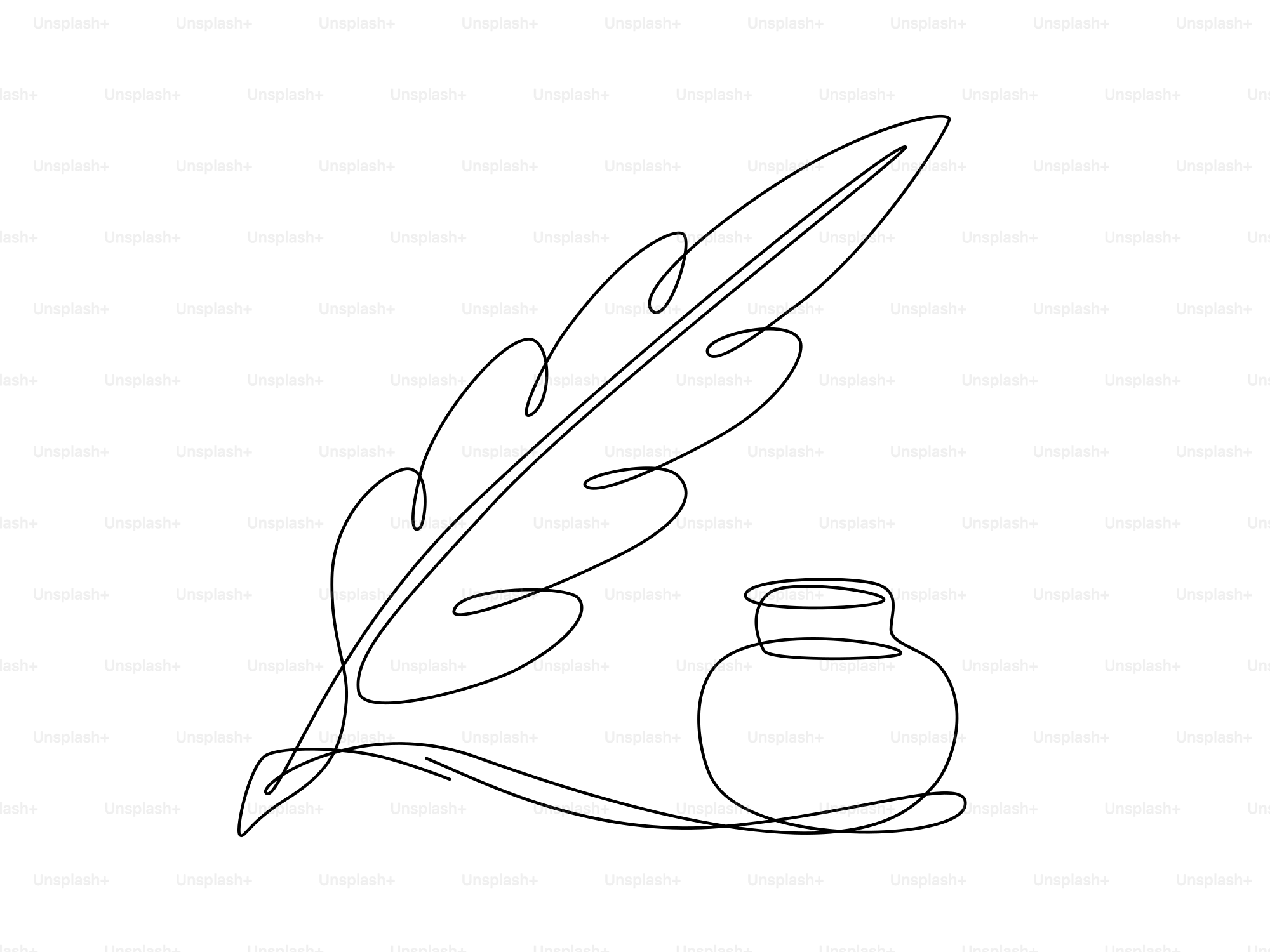 A quill pen and inkwell in continuous line drawing.