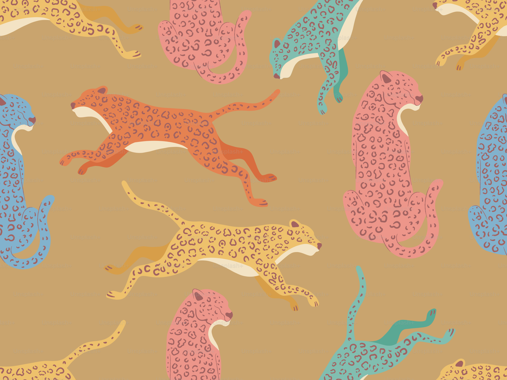 Colorful cheetahs running on a tan background
