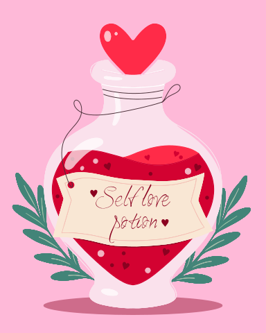 A heart-shaped bottle labeled "self love potion"