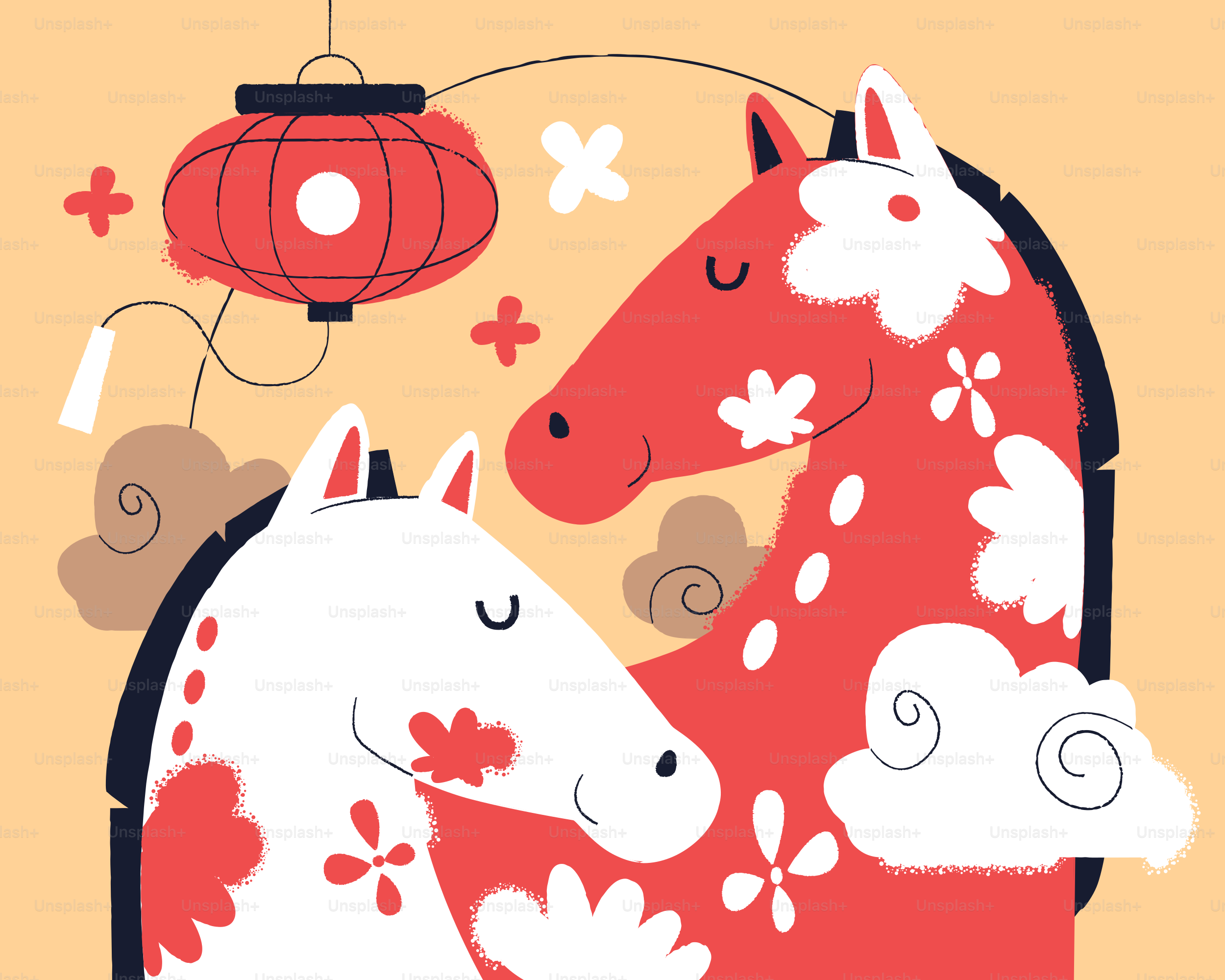 Two stylized horses with floral patterns.