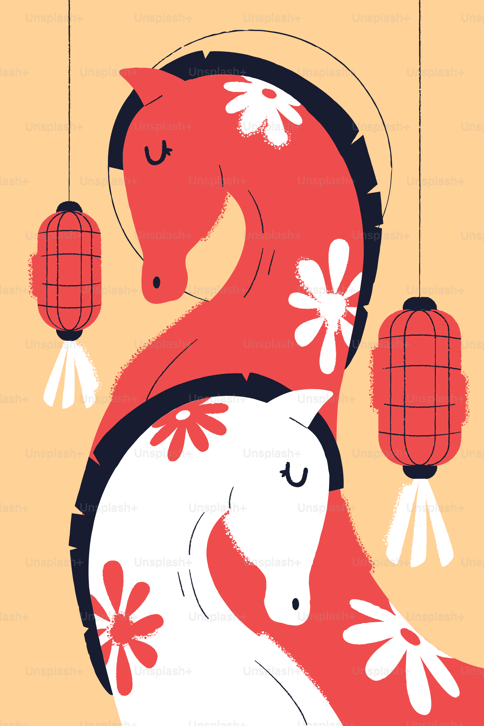 Two stylized horses with floral patterns and lanterns