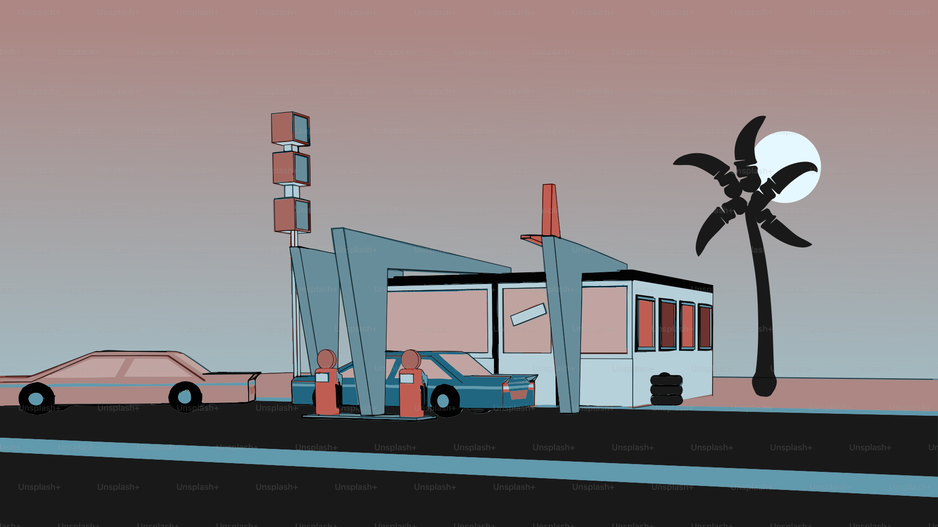 Retro gas station with cars and palm tree.