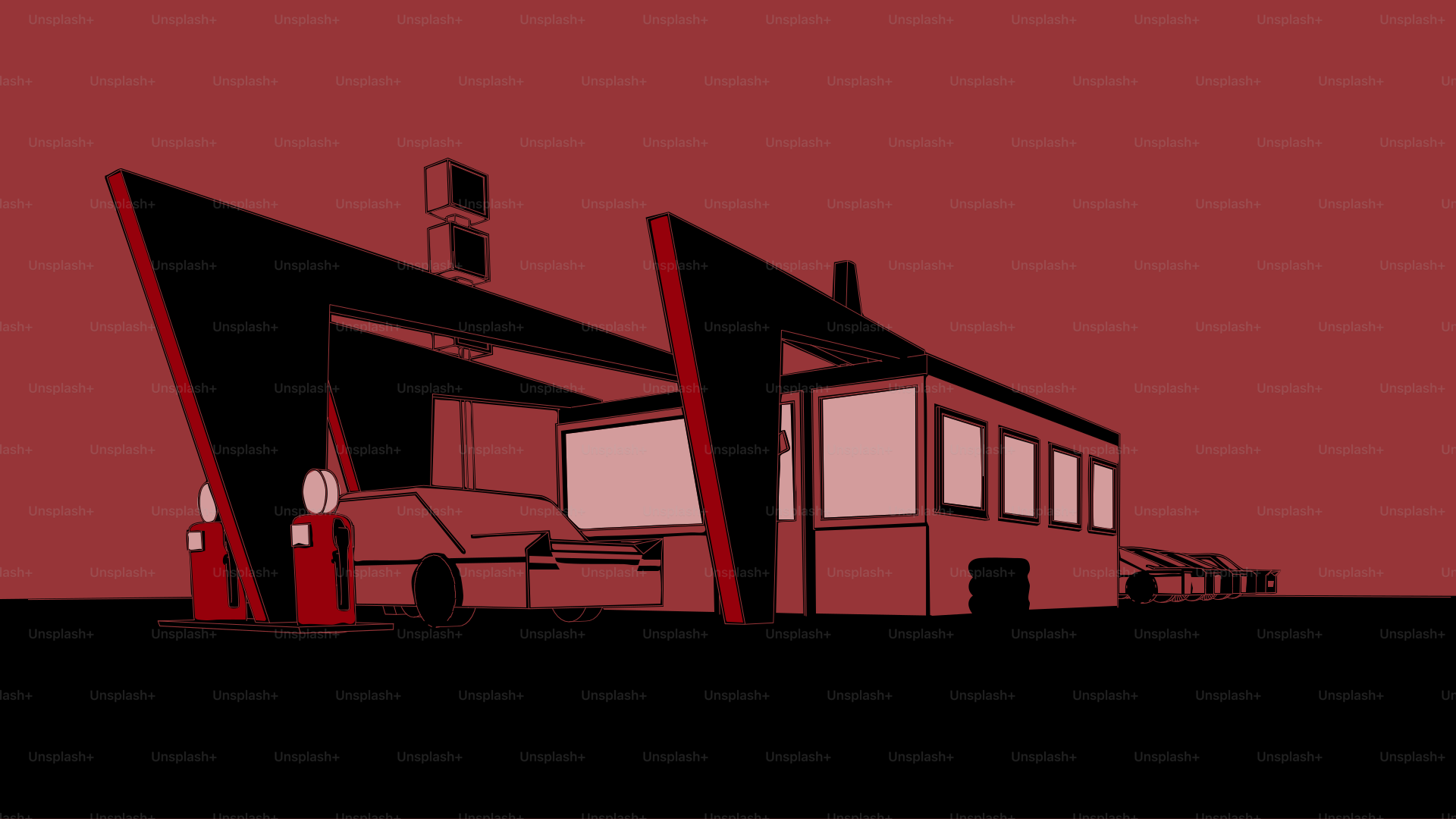 Stylized car at a futuristic gas station at night.