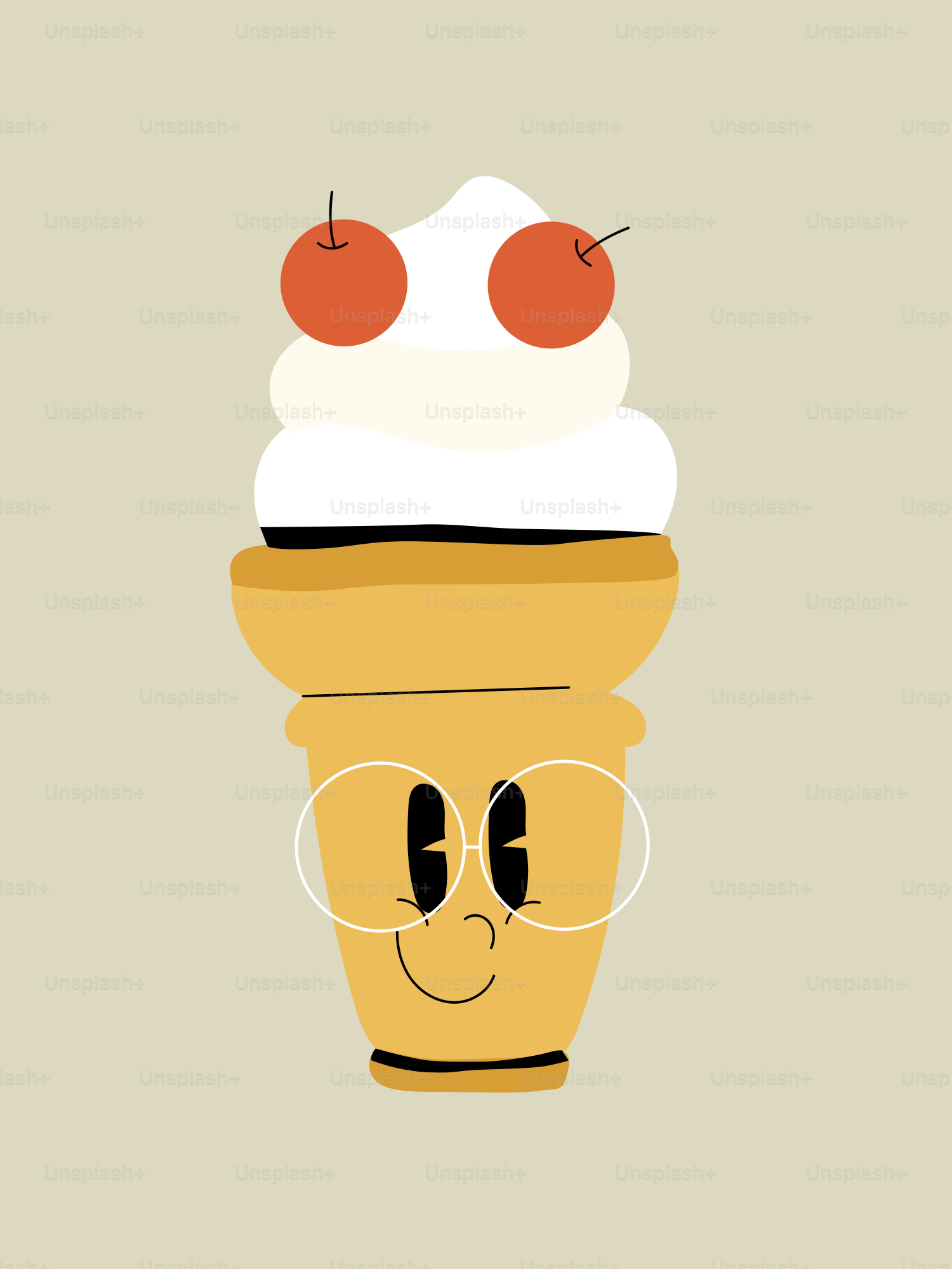 Cartoon ice cream cone with cherry and glasses