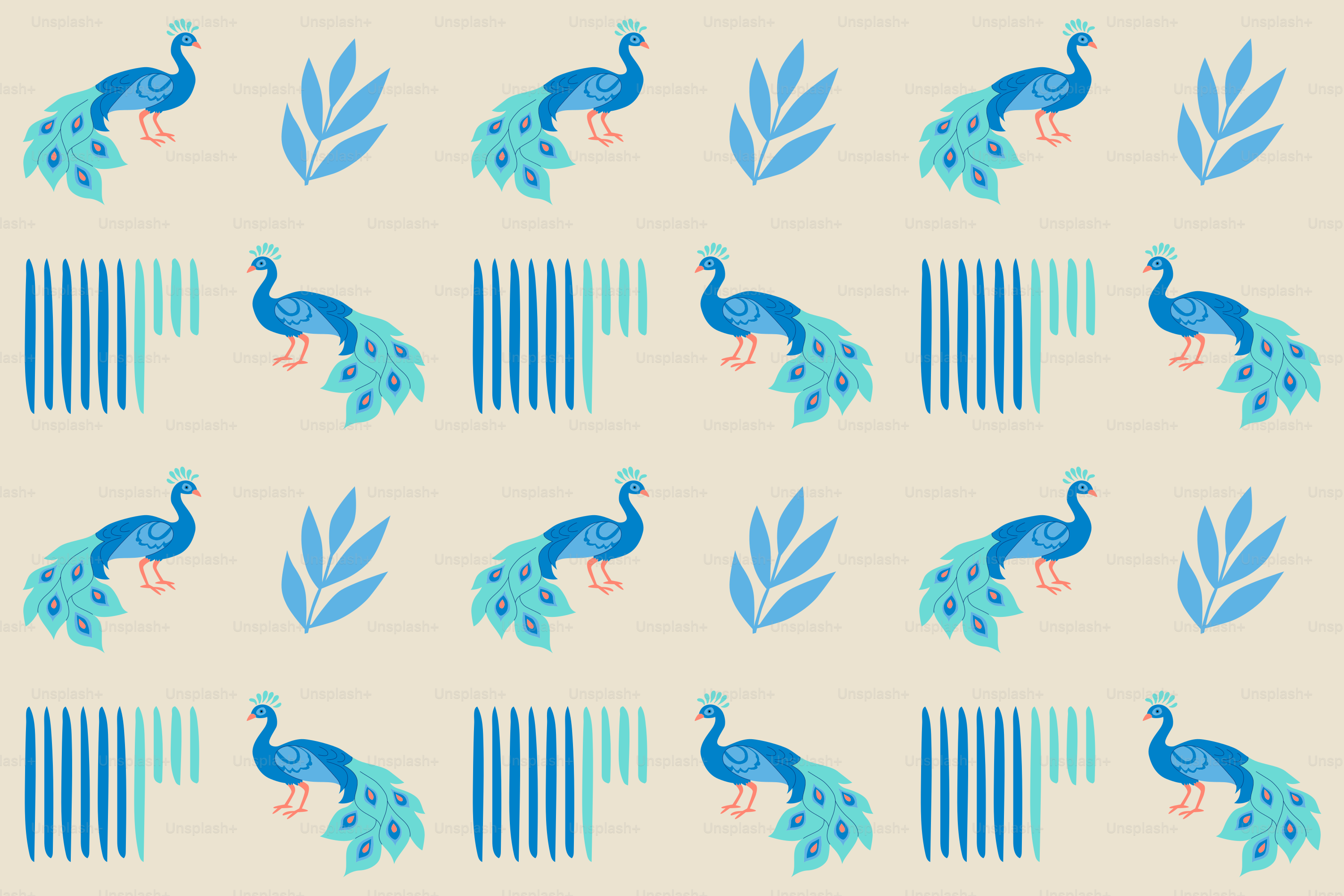 Pattern of blue peacocks and leaves on cream background.
