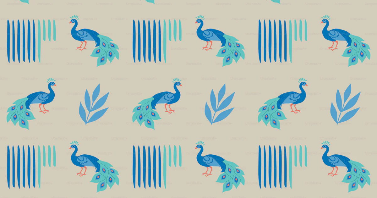 Peacock Pattern Background Vector Pattern of blue peacocks and leaves on cream background. vector ...
