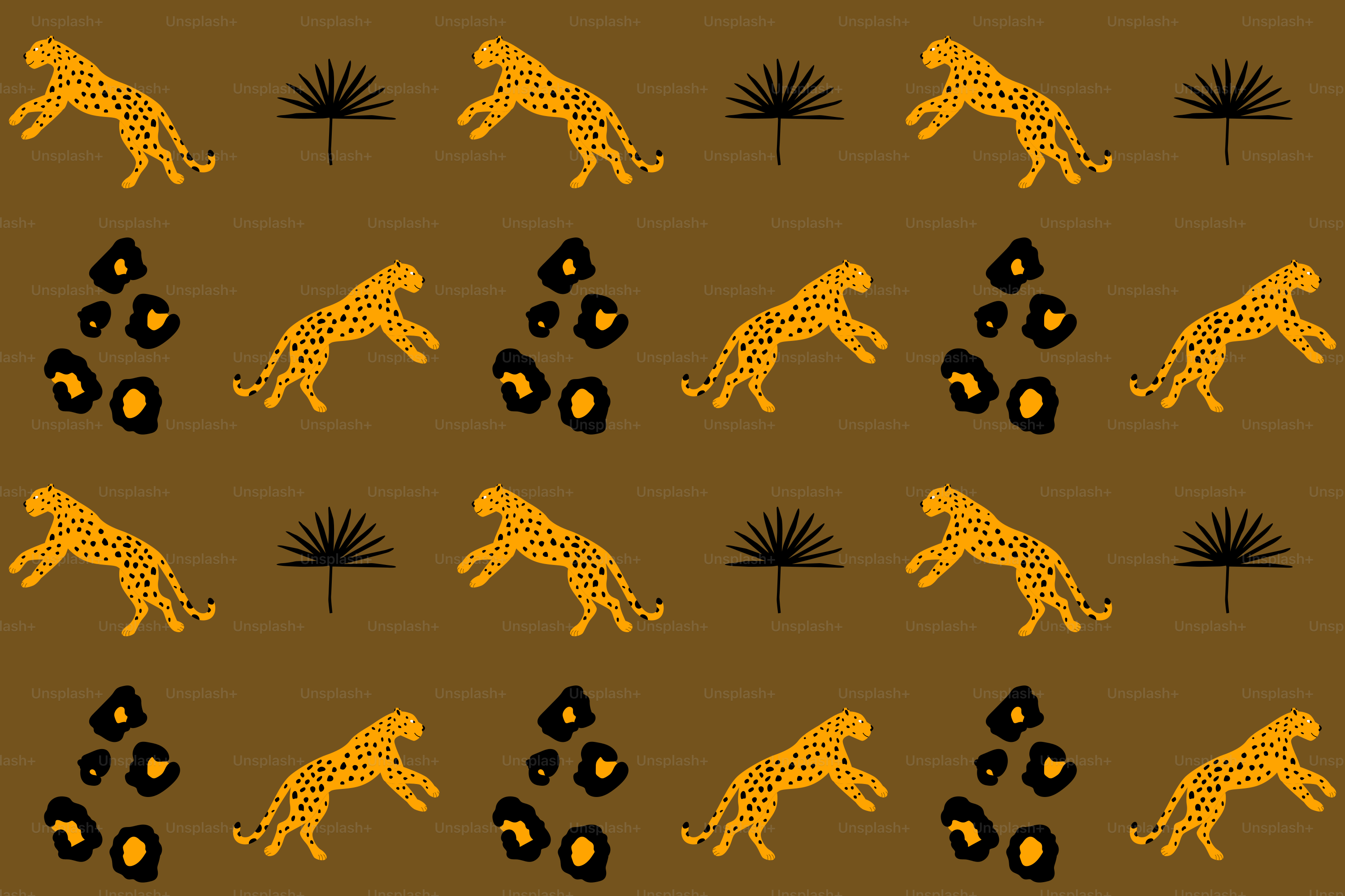 Goldene Leoparden und abstrakte Blätter auf braunem Hintergrund