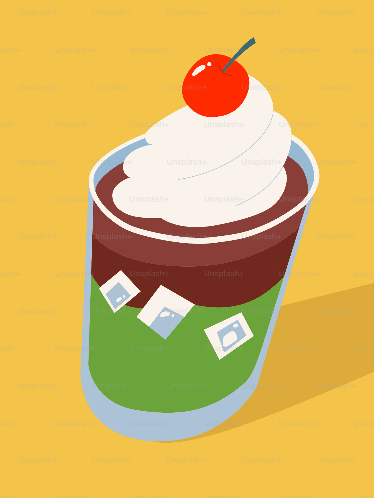 A layered green drink with whipped cream and cherry.