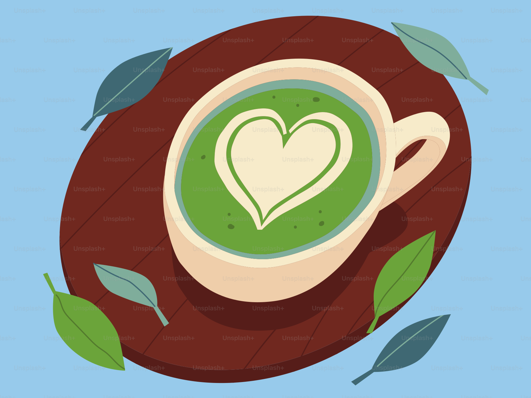 A cup of matcha tea with a heart design.