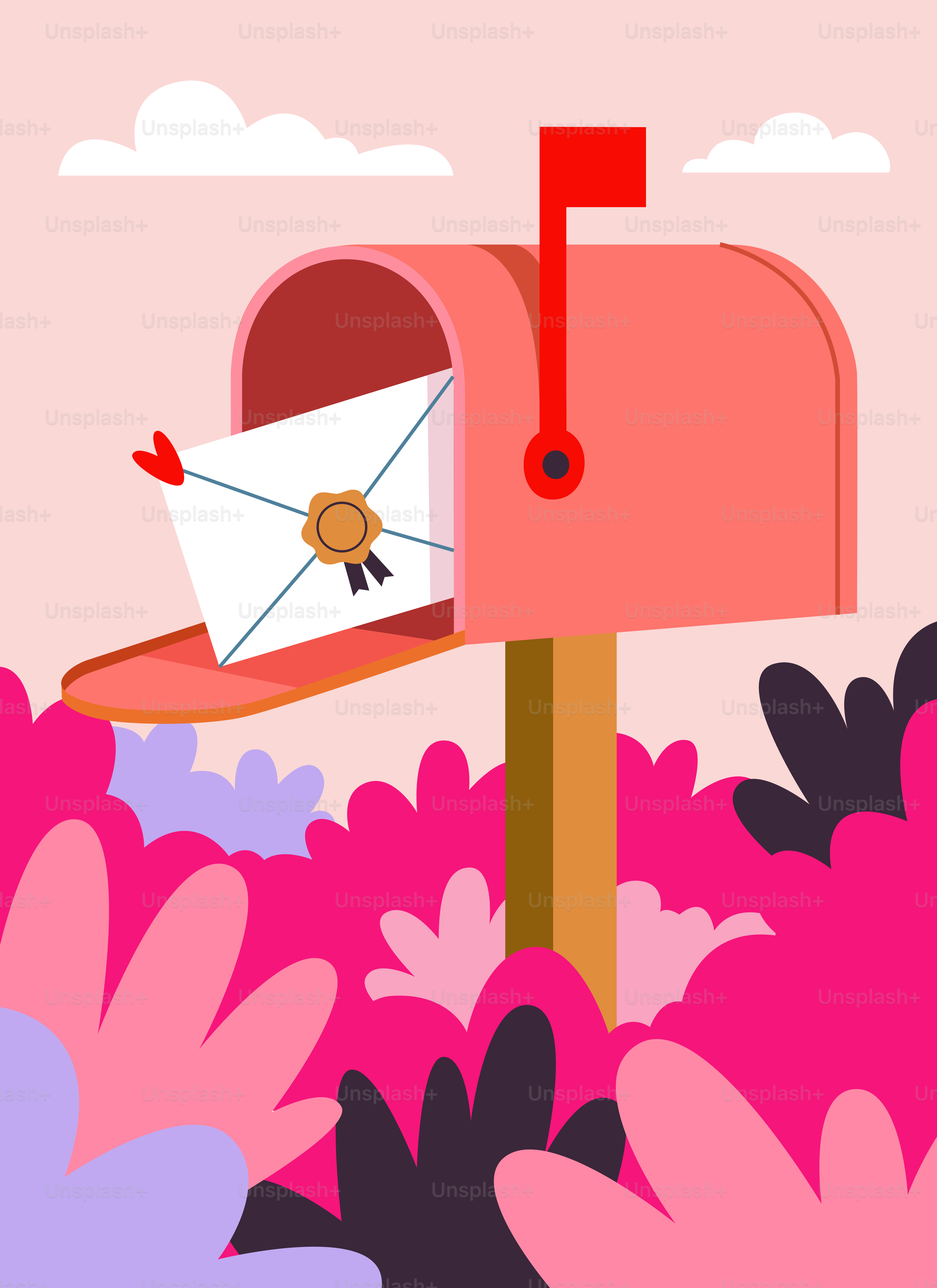 Pink mailbox with letter and red flag