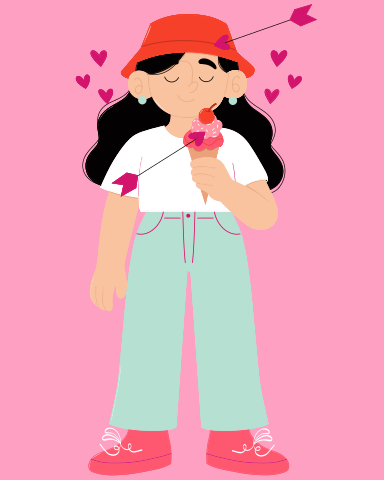 Woman with ice cream, cupid's arrow through her.
