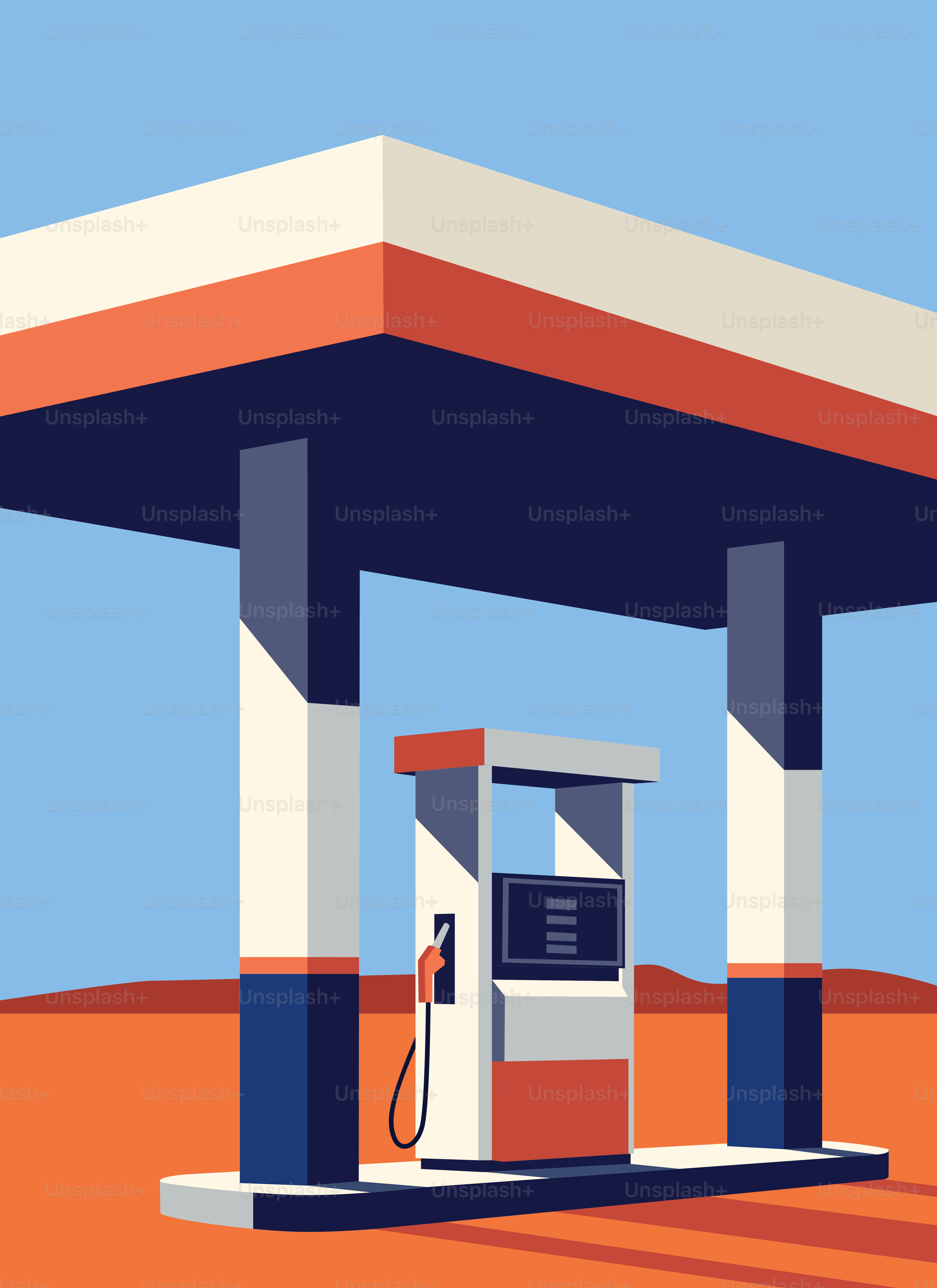 Gas station under a bright blue sky