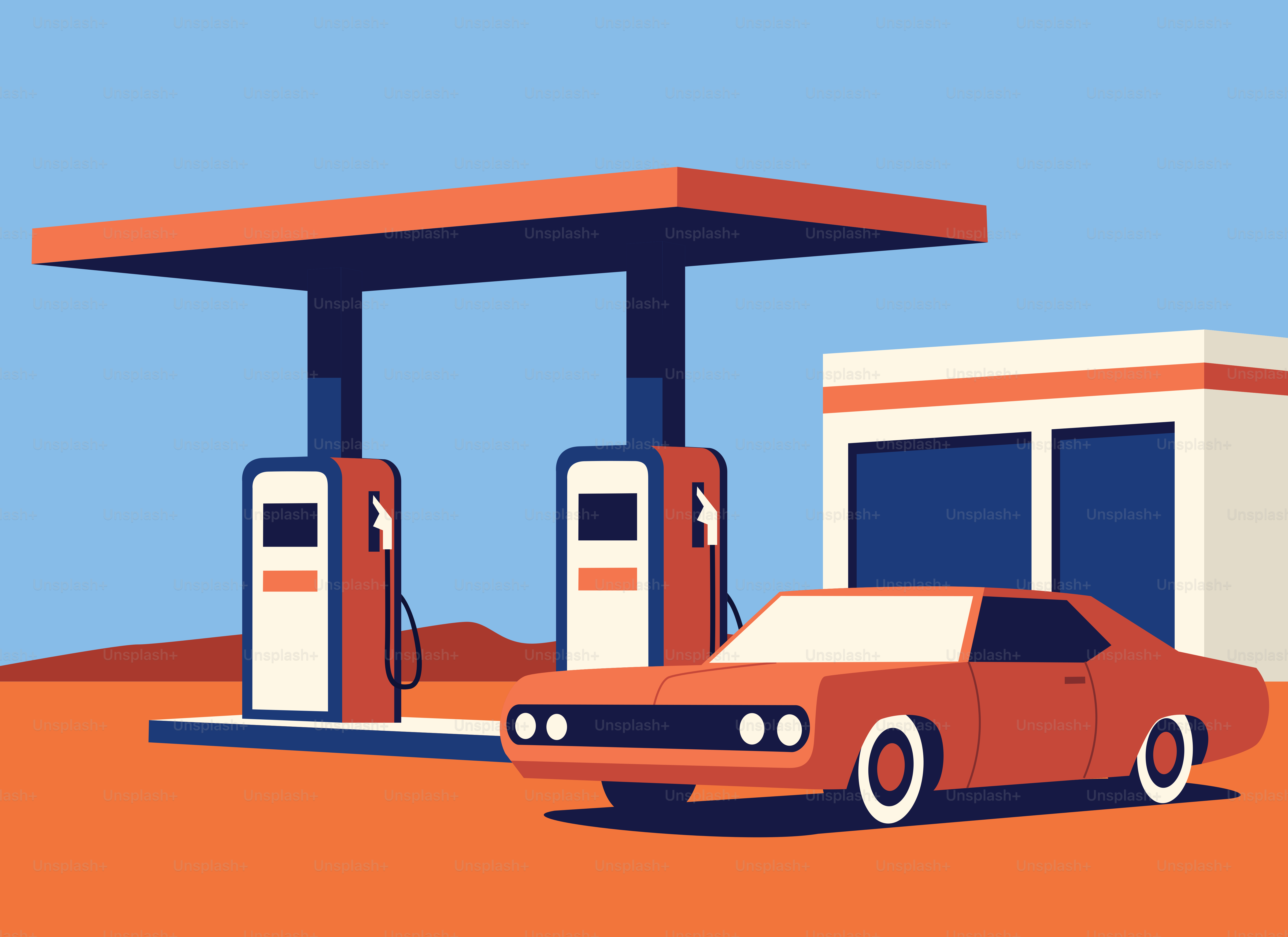 Car at a retro gas station under blue sky