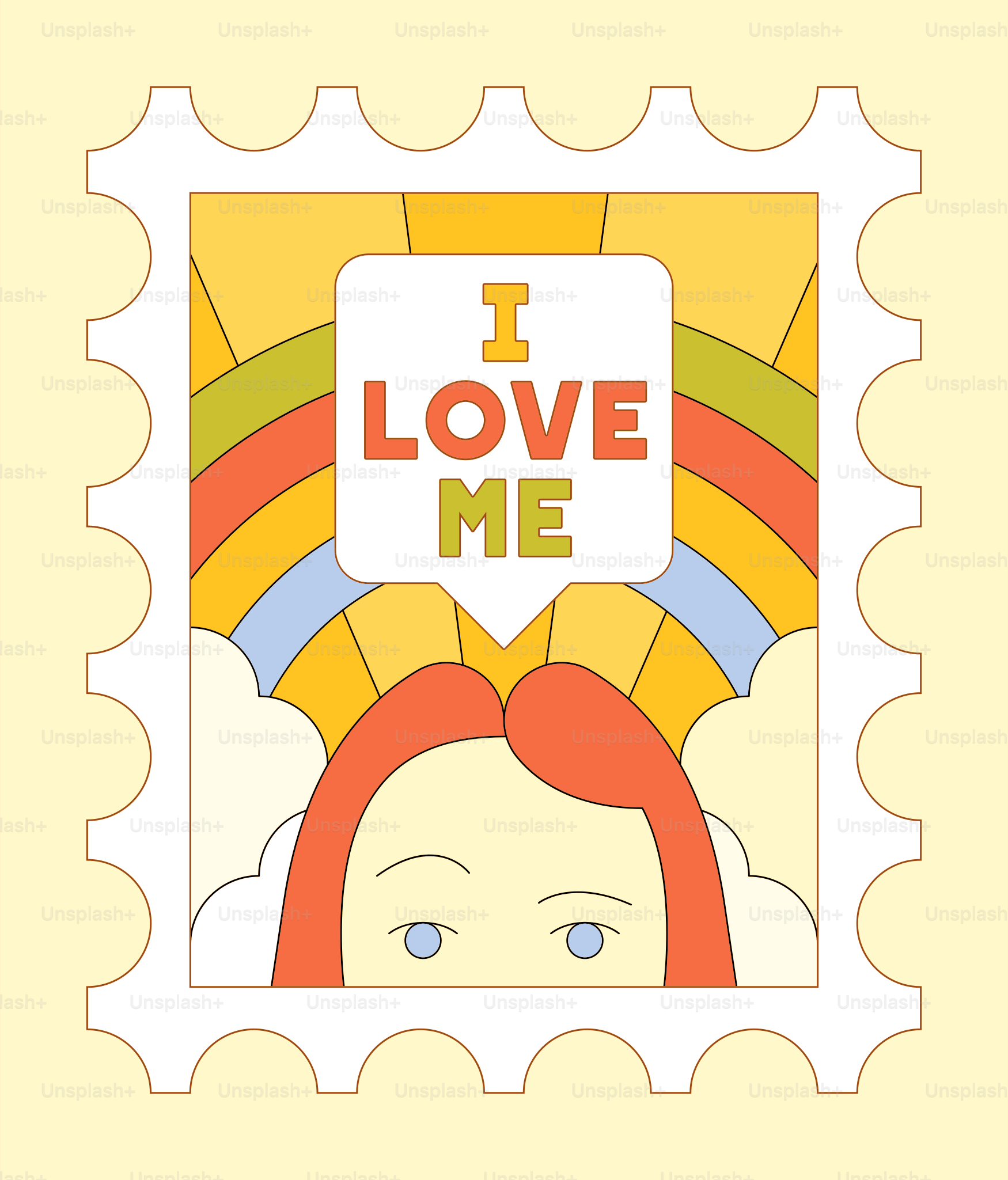A stamp with rainbow and text i love me