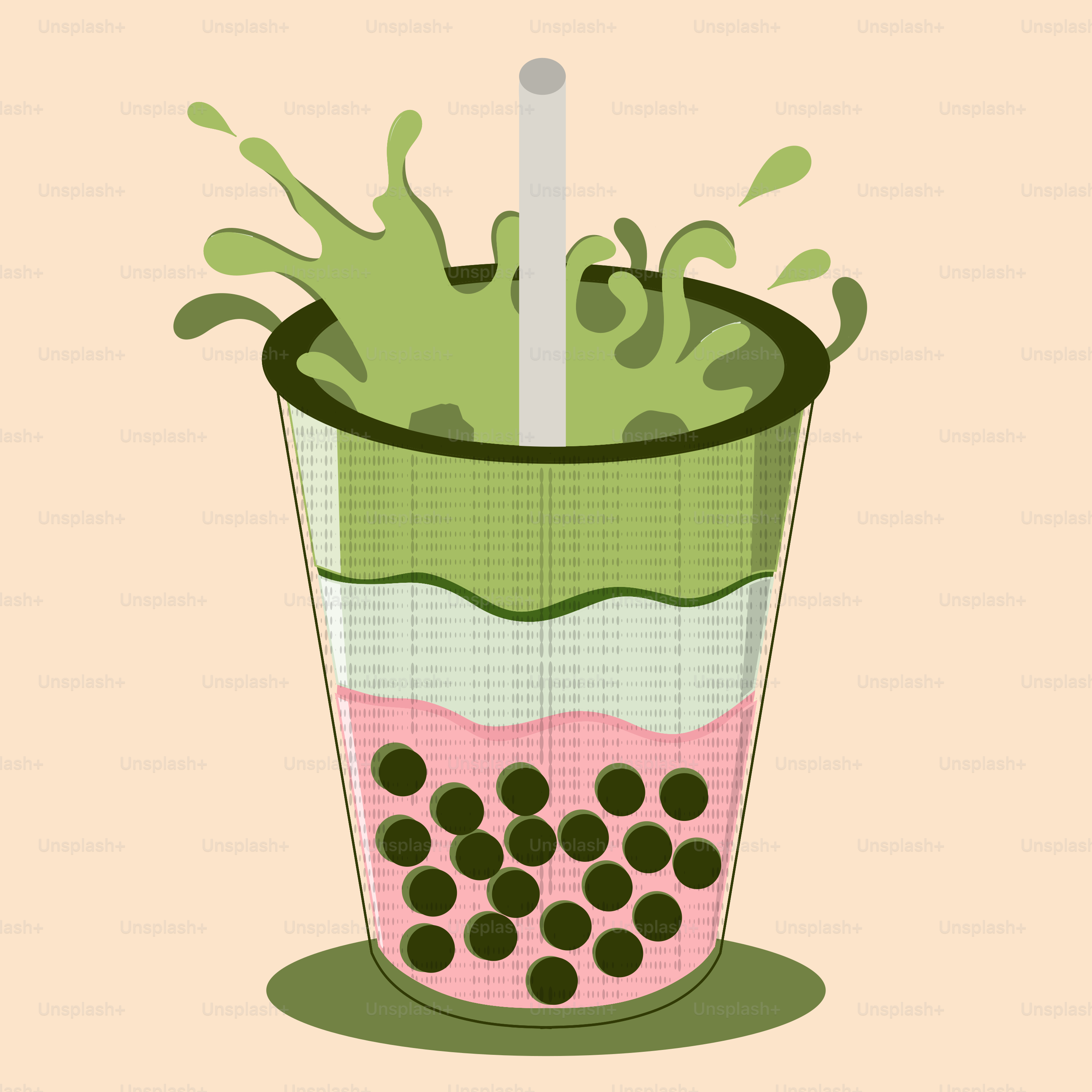 Grüner Tee-Bubble-Tea mit rosa Schicht und Strohhalm.