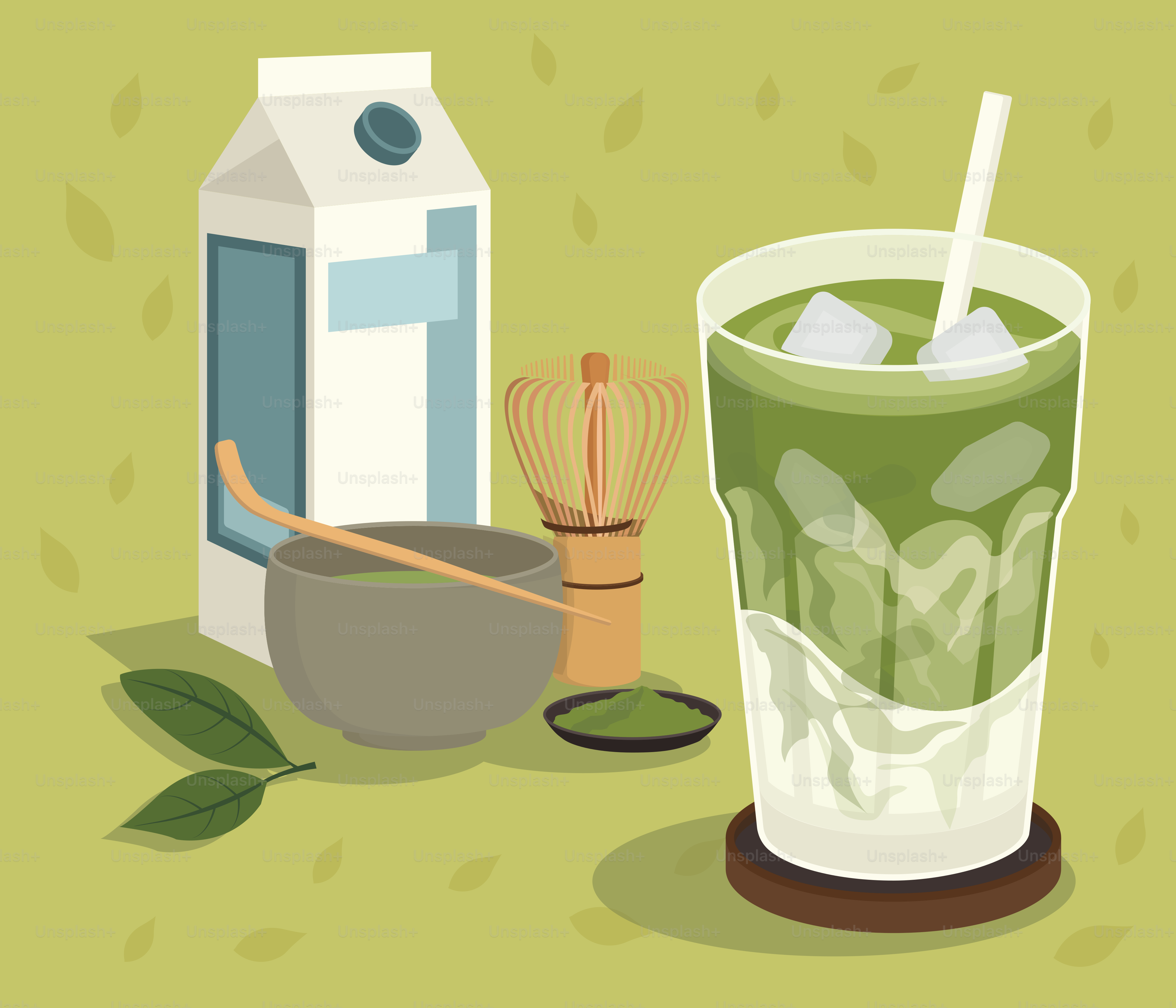 Matcha tea ingredients and a refreshing iced matcha latte.