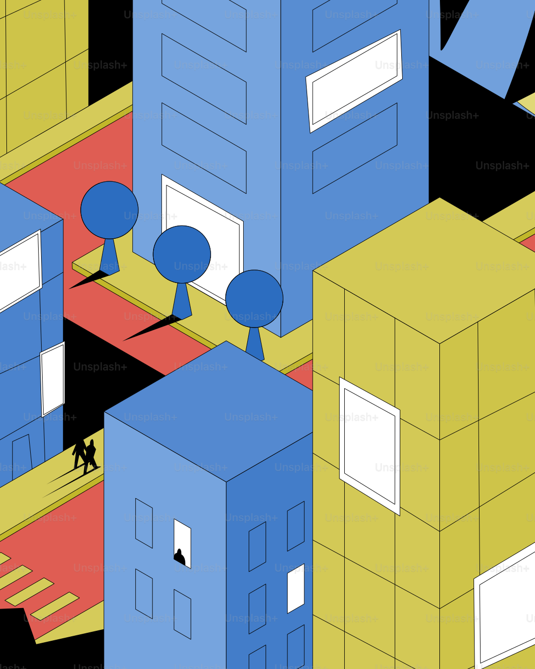 파란색과 노란색 건물이 있는 추상적인 등각 투영 도시 경관