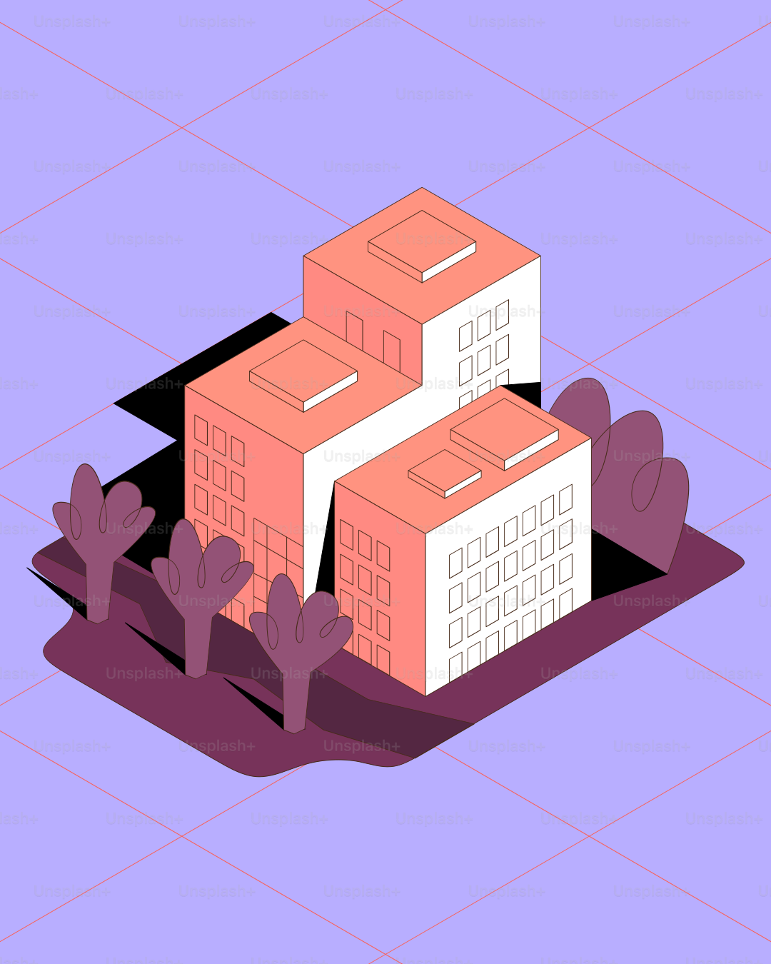 보라색 격자 배경에 나무가 있는 등각 투영 건물