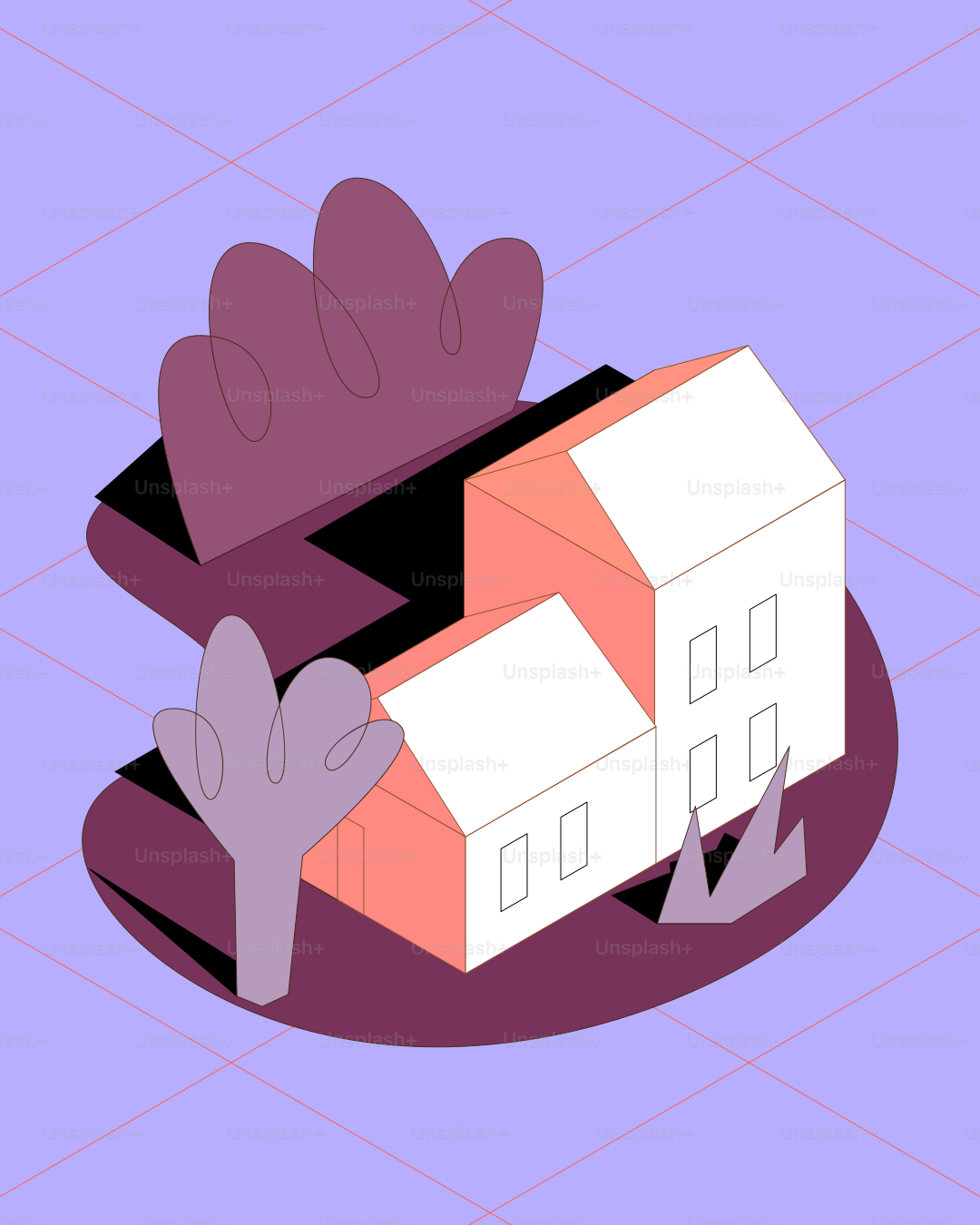 보라색 배경에 추상적인 식물이 있는 등각 투영 주택들.